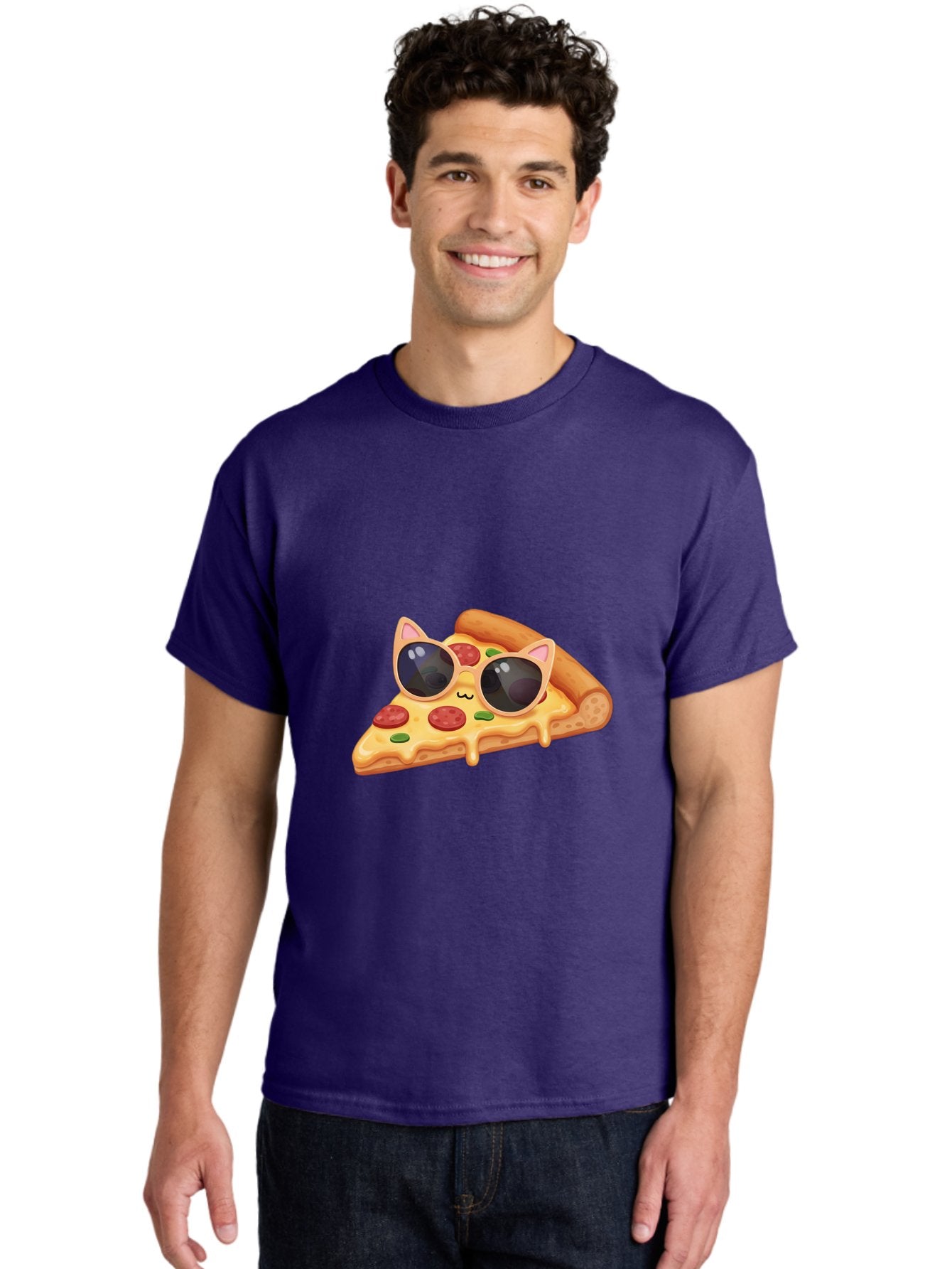 Pizza-Slice-With-Sunglasses-2 Men'S Graphic Tee, 100% Cotton, Comfortable Casual Summer Wear, Machine Washable, Pizza Slice Character, Cat Ears, Sunglasses, Pepperoni Pizza, Cheese Melting, Cartoon Style, Fun Design, Kawaii Art Bac313 16