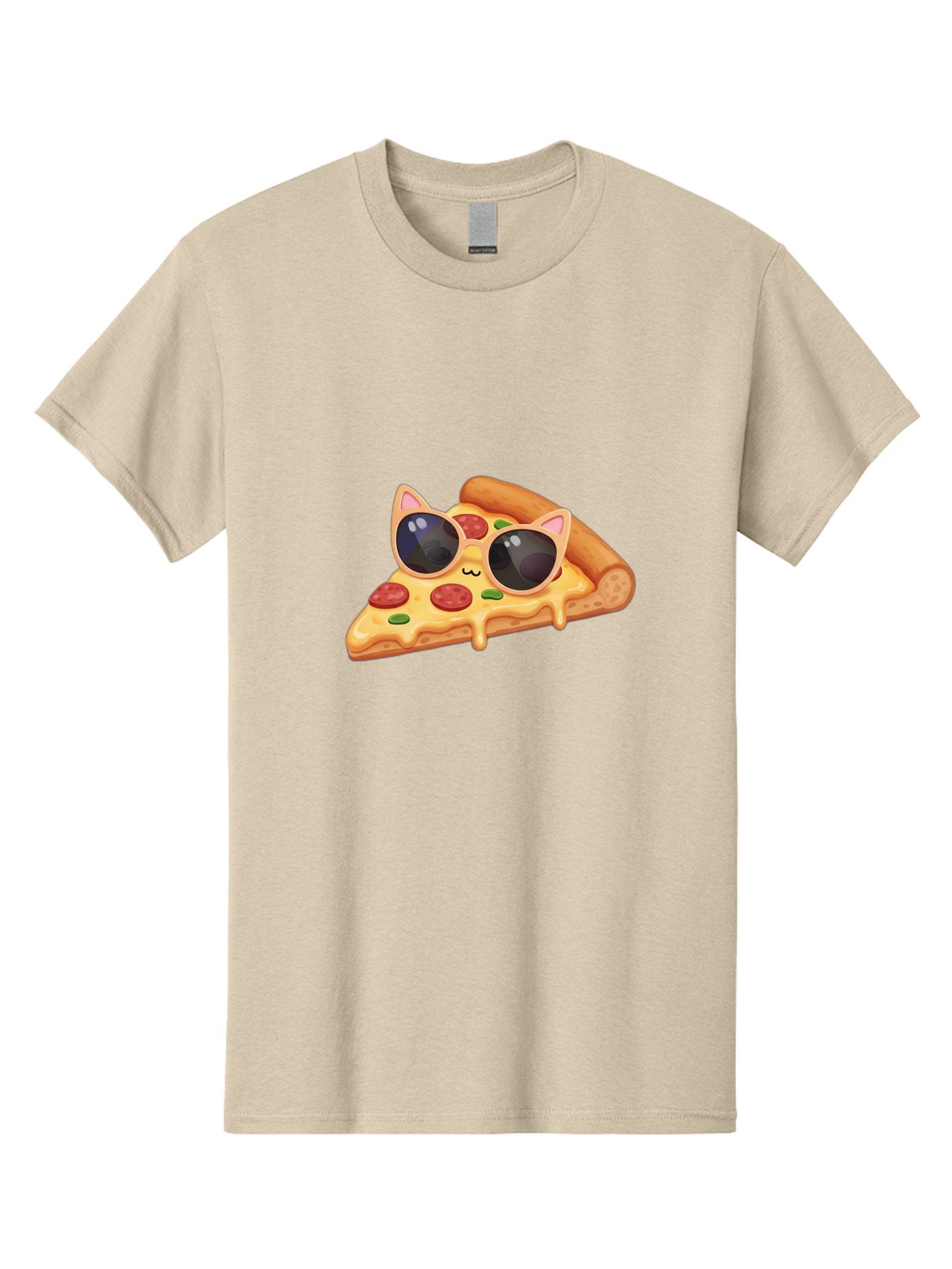 Pizza-Slice-With-Sunglasses-2 Men'S Graphic Tee, 100% Cotton, Comfortable Casual Summer Wear, Machine Washable, Pizza Slice Character, Cat Ears, Sunglasses, Pepperoni Pizza, Cheese Melting, Cartoon Style, Fun Design, Kawaii Art Bac313