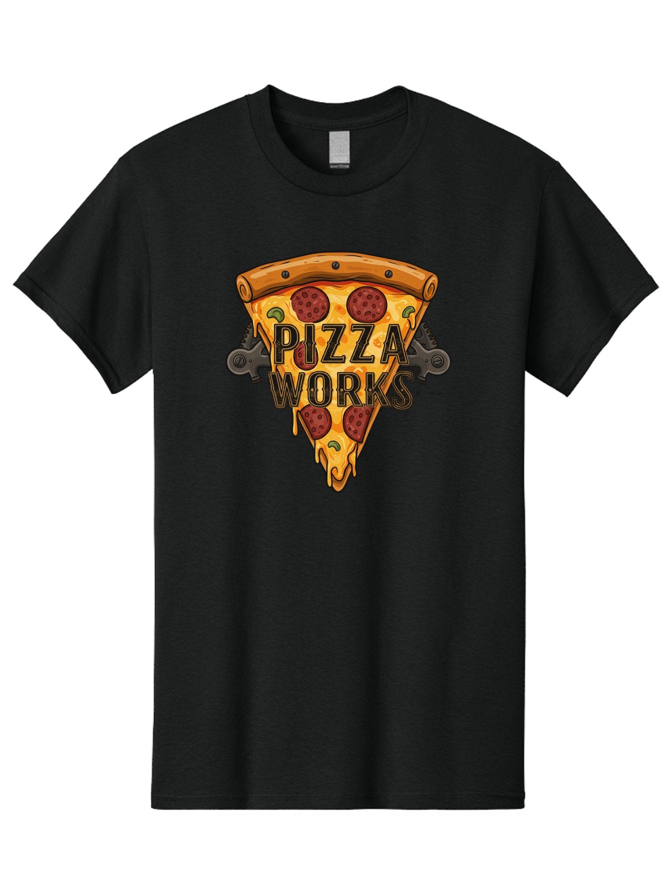 Pizza-Works Men'S Graphic Tee, 100% Cotton, Comfortable Casual Summer Wear, Machine Washable, Steaming Hot Pizza, Melted Cheese, Savory Pepperoni, Green Olives, Industrial Gears, Food Branding, Restaurant Logo, Cartoon Illustration, Bac319 13