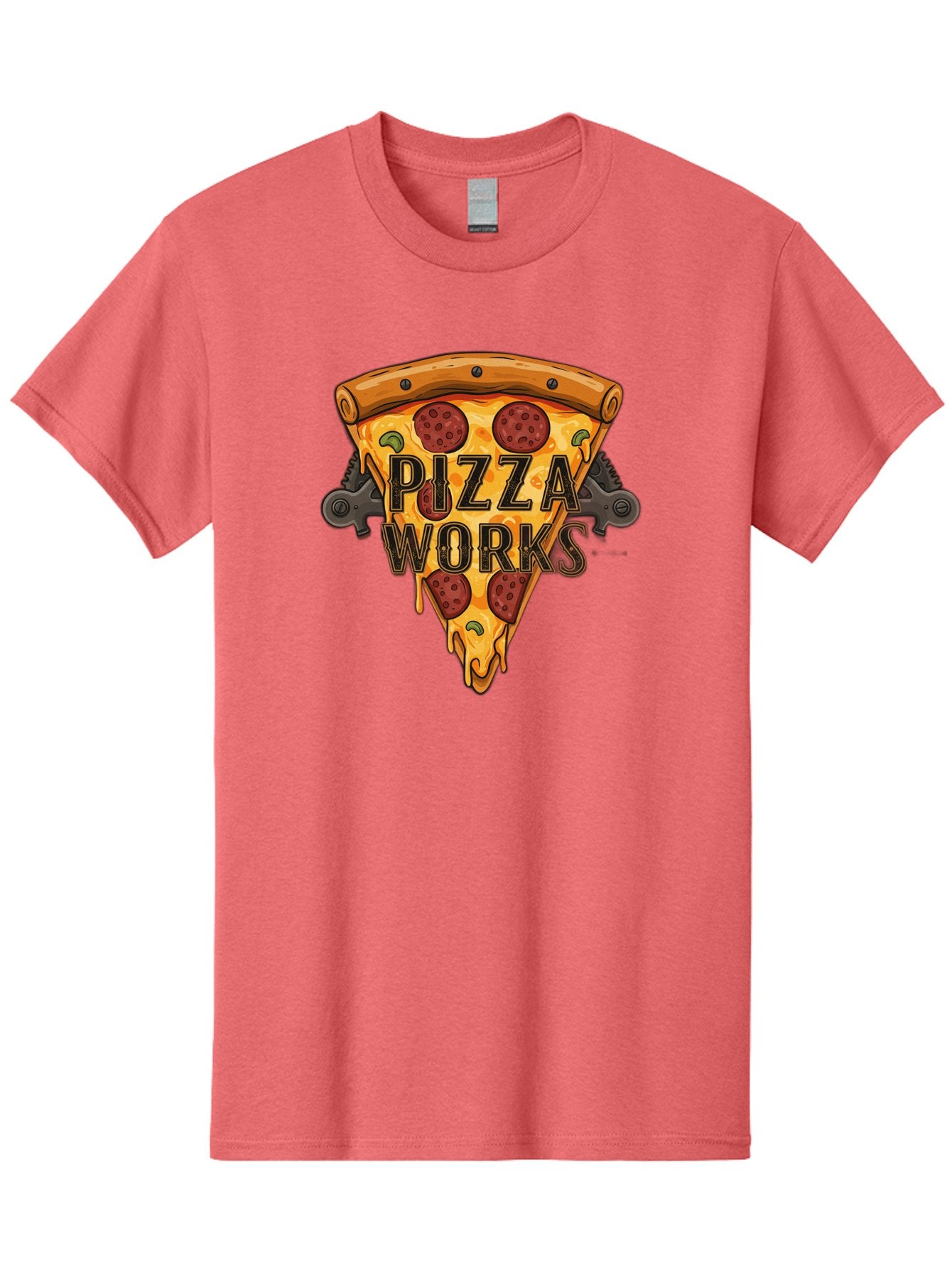 Pizza-Works Men'S Graphic Tee, 100% Cotton, Comfortable Casual Summer Wear, Machine Washable, Steaming Hot Pizza, Melted Cheese, Savory Pepperoni, Green Olives, Industrial Gears, Food Branding, Restaurant Logo, Cartoon Illustration, Bac319