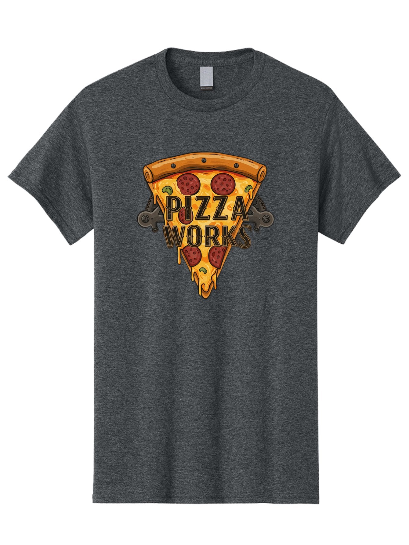 Pizza-Works Men'S Graphic Tee, 100% Cotton, Comfortable Casual Summer Wear, Machine Washable, Steaming Hot Pizza, Melted Cheese, Savory Pepperoni, Green Olives, Industrial Gears, Food Branding, Restaurant Logo, Cartoon Illustration, Bac319 12