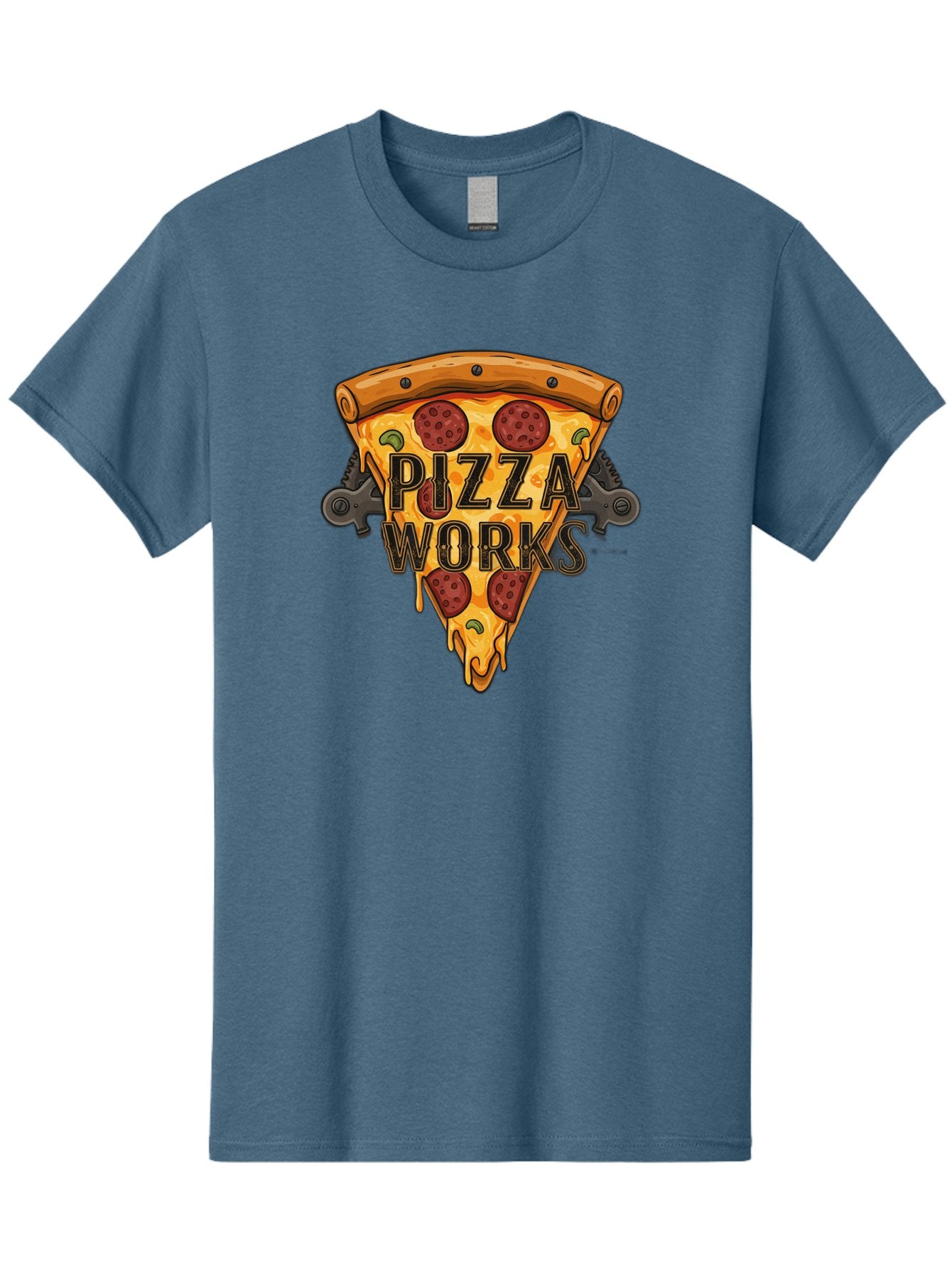 Pizza-Works Men'S Graphic Tee, 100% Cotton, Comfortable Casual Summer Wear, Machine Washable, Steaming Hot Pizza, Melted Cheese, Savory Pepperoni, Green Olives, Industrial Gears, Food Branding, Restaurant Logo, Cartoon Illustration, Bac319