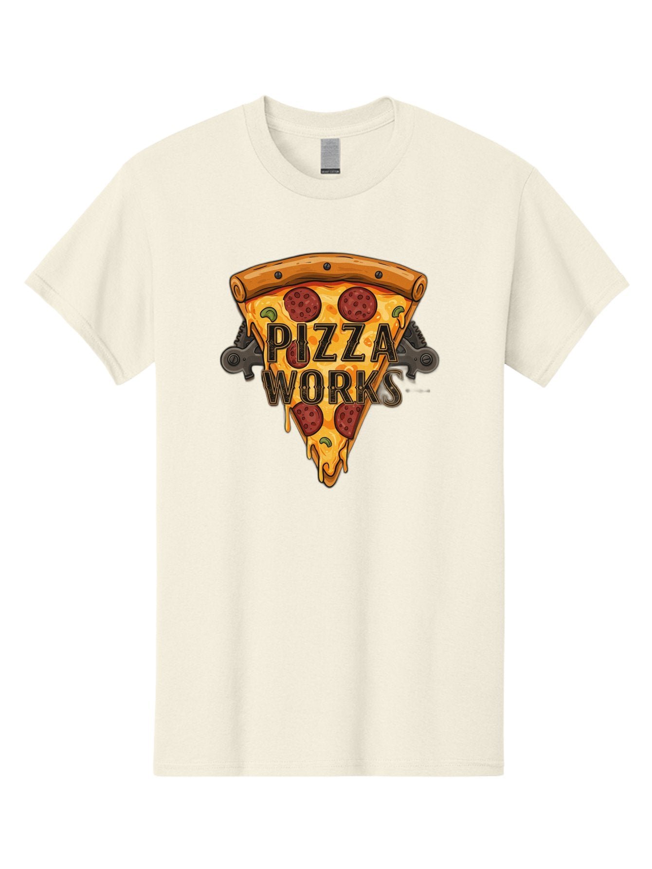 Pizza-Works Men'S Graphic Tee, 100% Cotton, Comfortable Casual Summer Wear, Machine Washable, Steaming Hot Pizza, Melted Cheese, Savory Pepperoni, Green Olives, Industrial Gears, Food Branding, Restaurant Logo, Cartoon Illustration, Bac319 6
