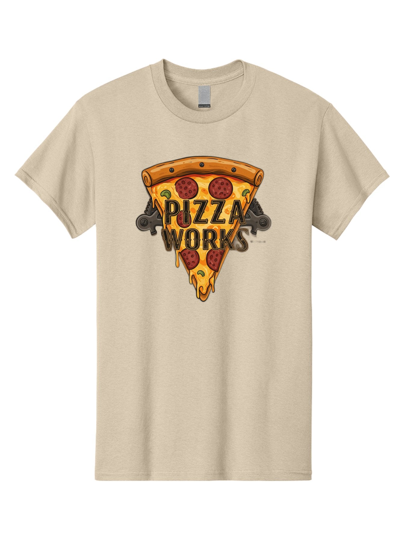 Pizza-Works Men'S Graphic Tee, 100% Cotton, Comfortable Casual Summer Wear, Machine Washable, Steaming Hot Pizza, Melted Cheese, Savory Pepperoni, Green Olives, Industrial Gears, Food Branding, Restaurant Logo, Cartoon Illustration, Bac319 11