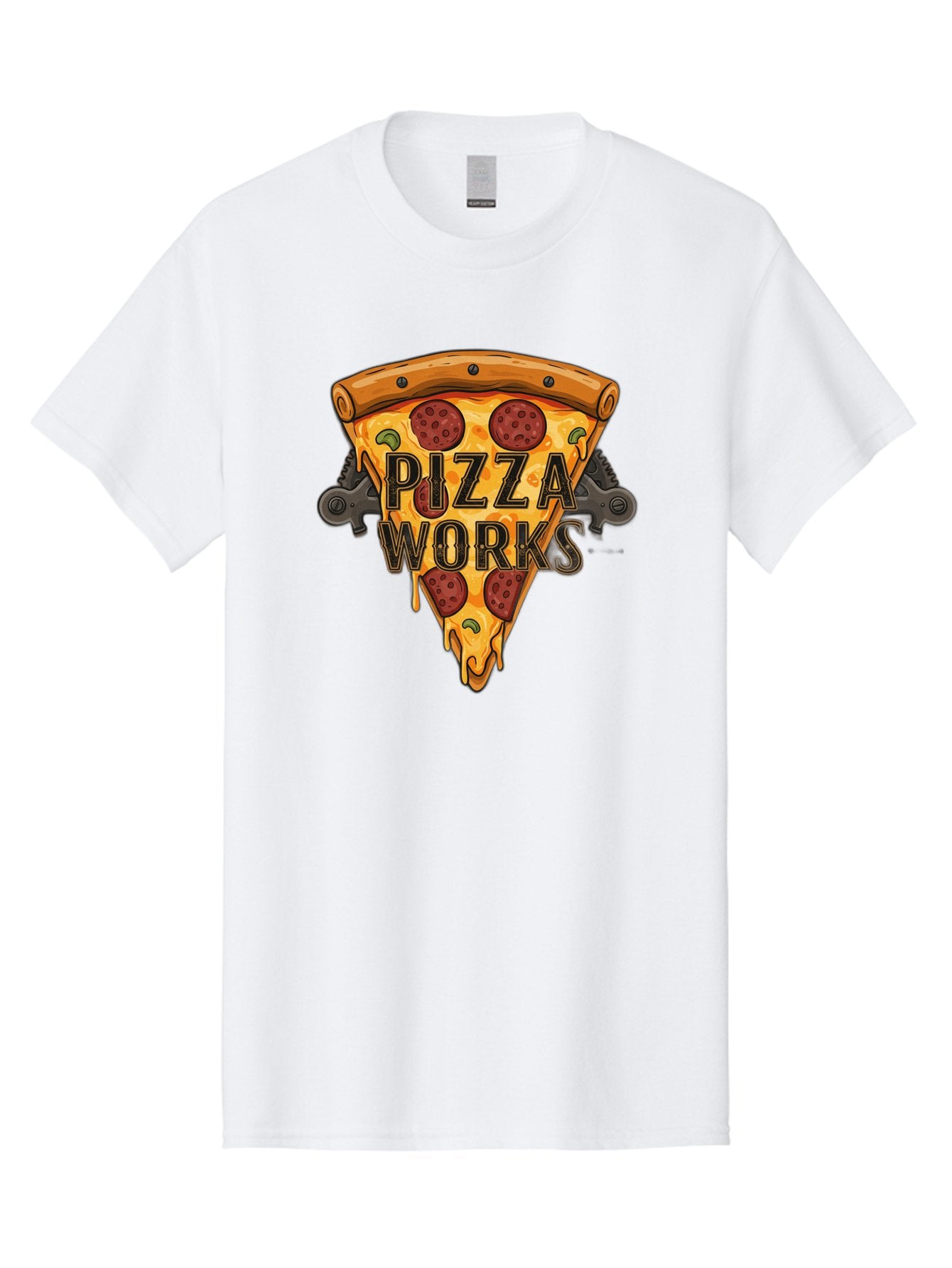 Pizza-Works Men'S Graphic Tee, 100% Cotton, Comfortable Casual Summer Wear, Machine Washable, Steaming Hot Pizza, Melted Cheese, Savory Pepperoni, Green Olives, Industrial Gears, Food Branding, Restaurant Logo, Cartoon Illustration, Bac319 8