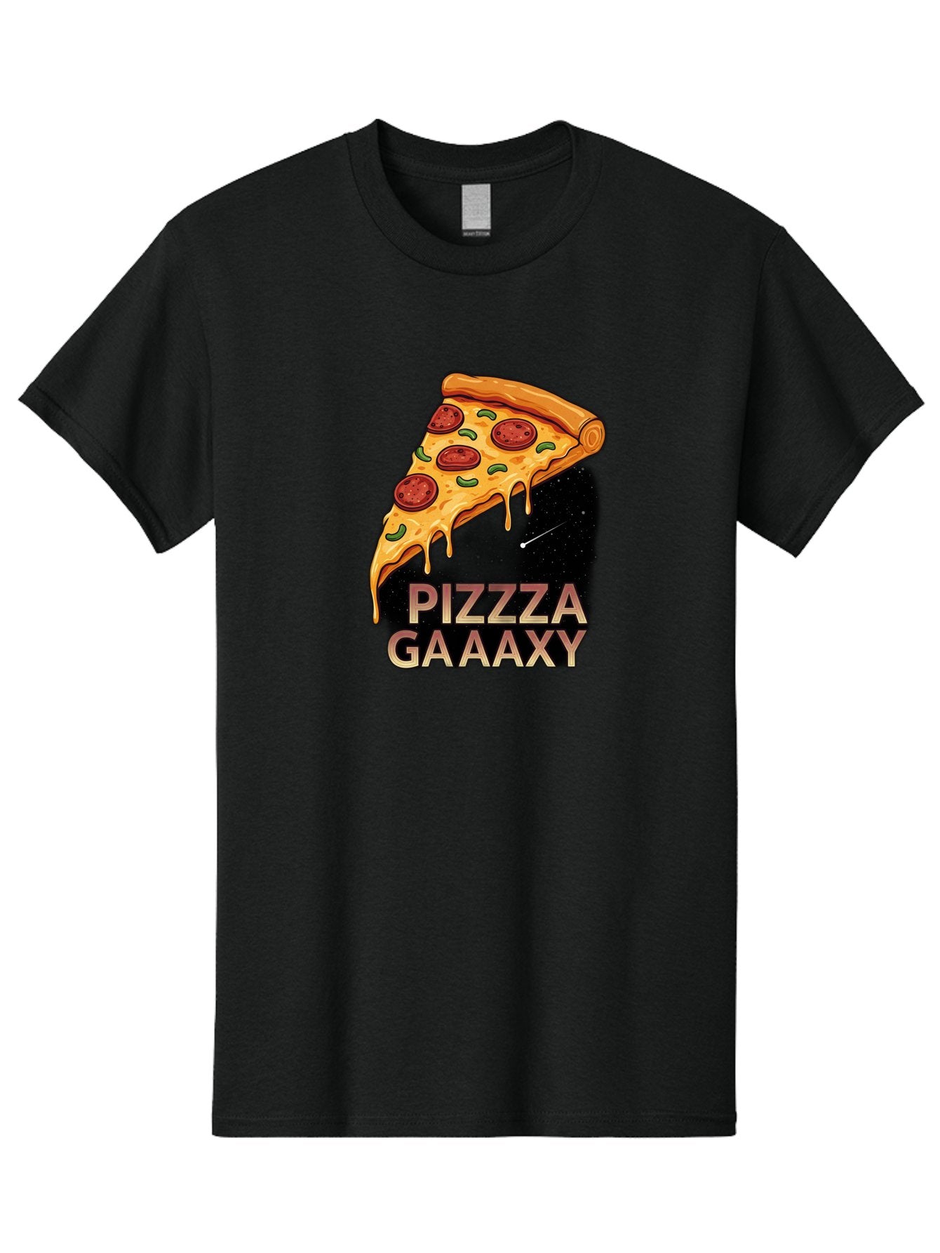 Pizzza-Gaaaxy Men'S Graphic Tee, 100% Cotton, Comfortable Casual Summer Wear, Machine Washable, Pizza Slice In Space, Melted Cheese, Pepperoni Toppings, Green Olives, Outer Space, Galaxy Theme, Cartoon Illustration, Cheese Dripping, Food Art, Bac321 5