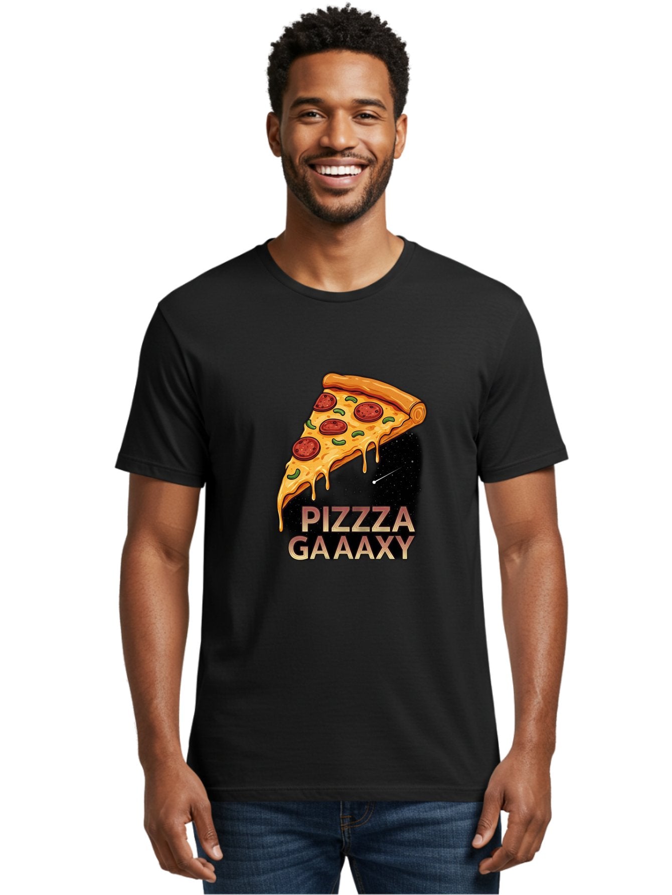 Pizzza-Gaaaxy Men'S Graphic Tee, 100% Cotton, Comfortable Casual Summer Wear, Machine Washable, Pizza Slice In Space, Melted Cheese, Pepperoni Toppings, Green Olives, Outer Space, Galaxy Theme, Cartoon Illustration, Cheese Dripping, Food Art, Bac321 23