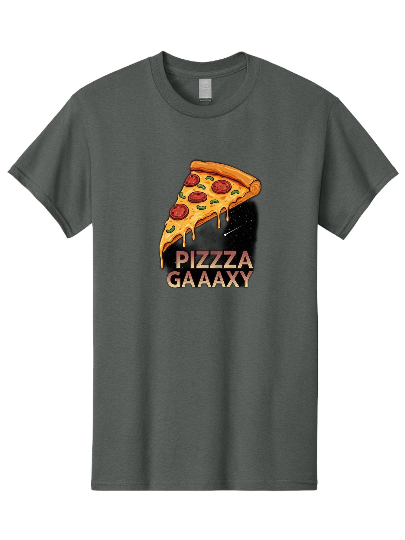 Pizzza-Gaaaxy Men'S Graphic Tee, 100% Cotton, Comfortable Casual Summer Wear, Machine Washable, Pizza Slice In Space, Melted Cheese, Pepperoni Toppings, Green Olives, Outer Space, Galaxy Theme, Cartoon Illustration, Cheese Dripping, Food Art, Bac321 12