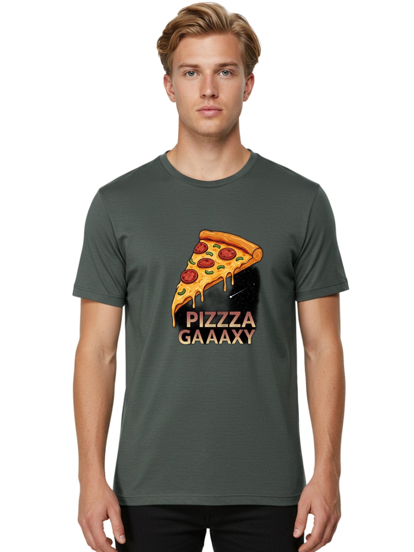 Pizzza-Gaaaxy Men'S Graphic Tee, 100% Cotton, Comfortable Casual Summer Wear, Machine Washable, Pizza Slice In Space, Melted Cheese, Pepperoni Toppings, Green Olives, Outer Space, Galaxy Theme, Cartoon Illustration, Cheese Dripping, Food Art, Bac321 28