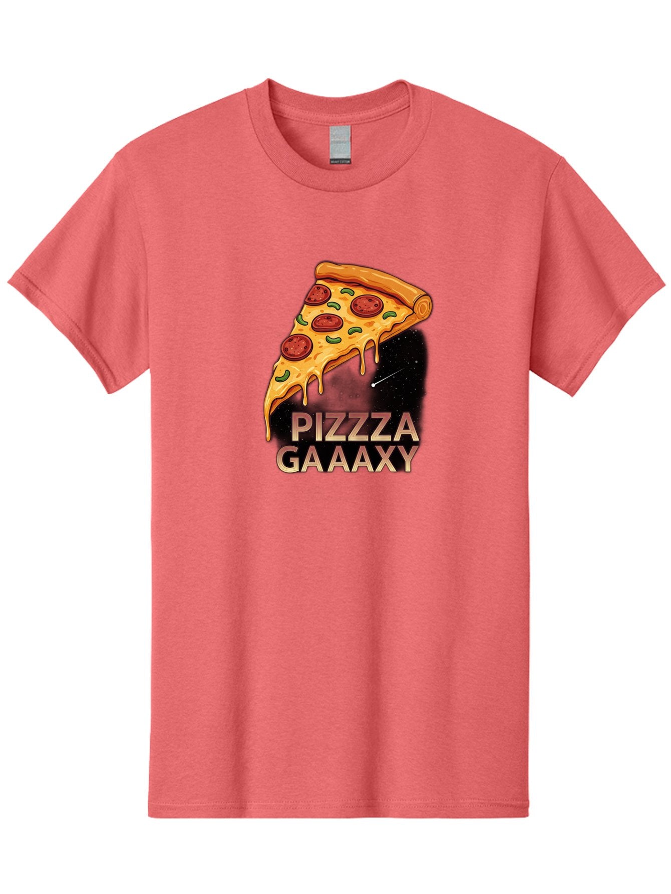 Pizzza-Gaaaxy Men'S Graphic Tee, 100% Cotton, Comfortable Casual Summer Wear, Machine Washable, Pizza Slice In Space, Melted Cheese, Pepperoni Toppings, Green Olives, Outer Space, Galaxy Theme, Cartoon Illustration, Cheese Dripping, Food Art, Bac321 6