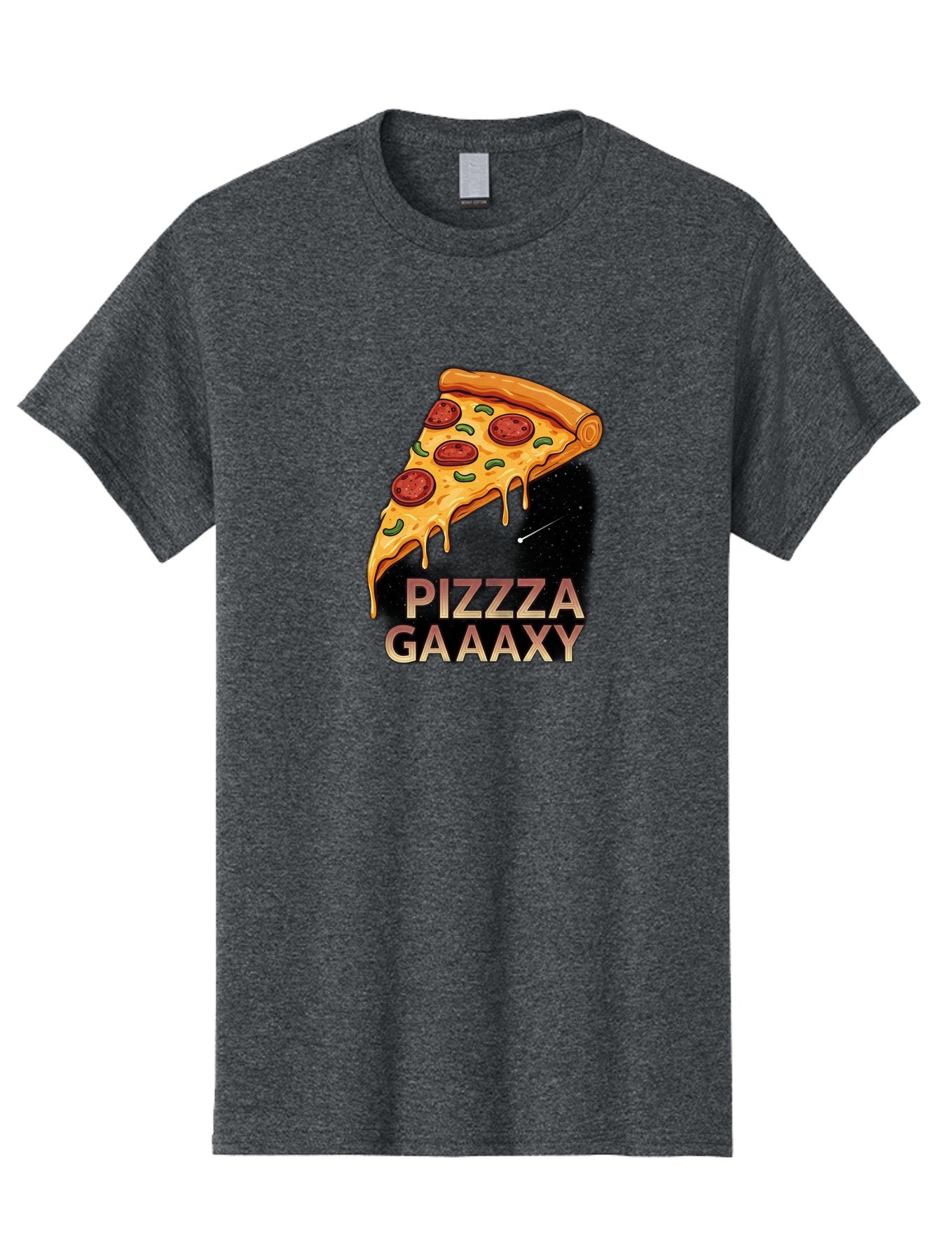 Pizzza-Gaaaxy Men'S Graphic Tee, 100% Cotton, Comfortable Casual Summer Wear, Machine Washable, Pizza Slice In Space, Melted Cheese, Pepperoni Toppings, Green Olives, Outer Space, Galaxy Theme, Cartoon Illustration, Cheese Dripping, Food Art, Bac321 9