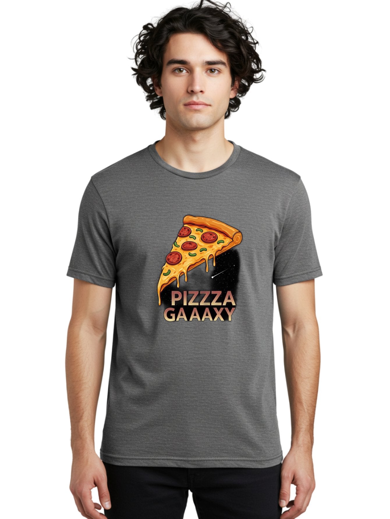 Pizzza-Gaaaxy Men'S Graphic Tee, 100% Cotton, Comfortable Casual Summer Wear, Machine Washable, Pizza Slice In Space, Melted Cheese, Pepperoni Toppings, Green Olives, Outer Space, Galaxy Theme, Cartoon Illustration, Cheese Dripping, Food Art, Bac321 29