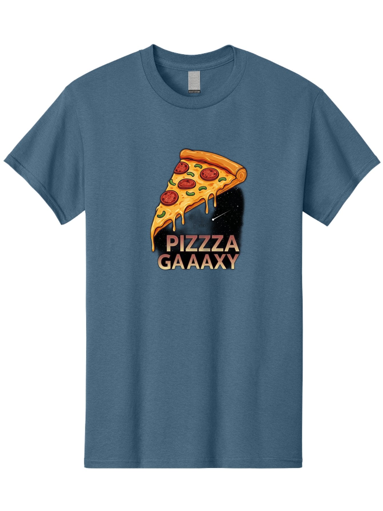 Pizzza-Gaaaxy Men'S Graphic Tee, 100% Cotton, Comfortable Casual Summer Wear, Machine Washable, Pizza Slice In Space, Melted Cheese, Pepperoni Toppings, Green Olives, Outer Space, Galaxy Theme, Cartoon Illustration, Cheese Dripping, Food Art, Bac321 7