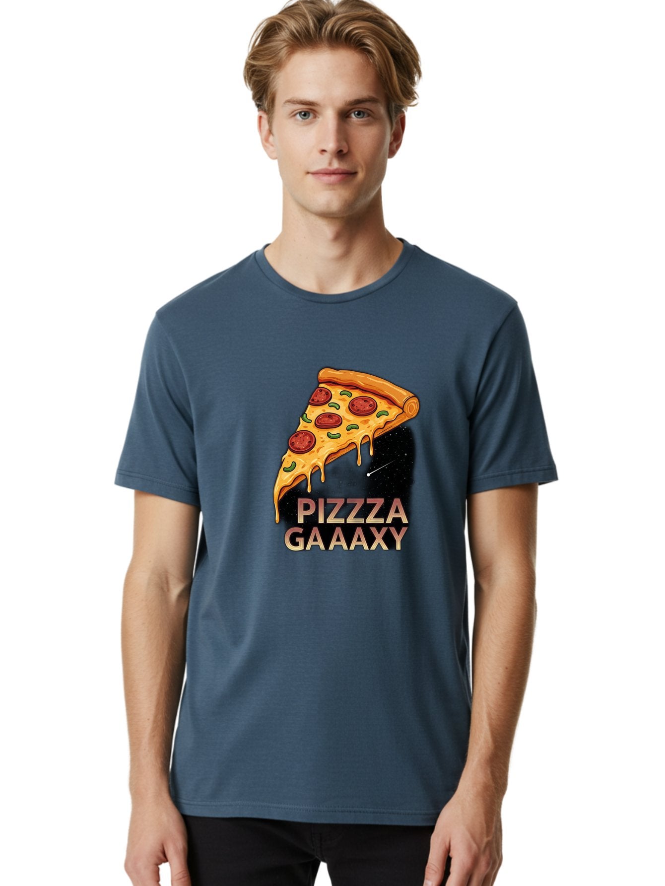 Pizzza-Gaaaxy Men'S Graphic Tee, 100% Cotton, Comfortable Casual Summer Wear, Machine Washable, Pizza Slice In Space, Melted Cheese, Pepperoni Toppings, Green Olives, Outer Space, Galaxy Theme, Cartoon Illustration, Cheese Dripping, Food Art, Bac321 16
