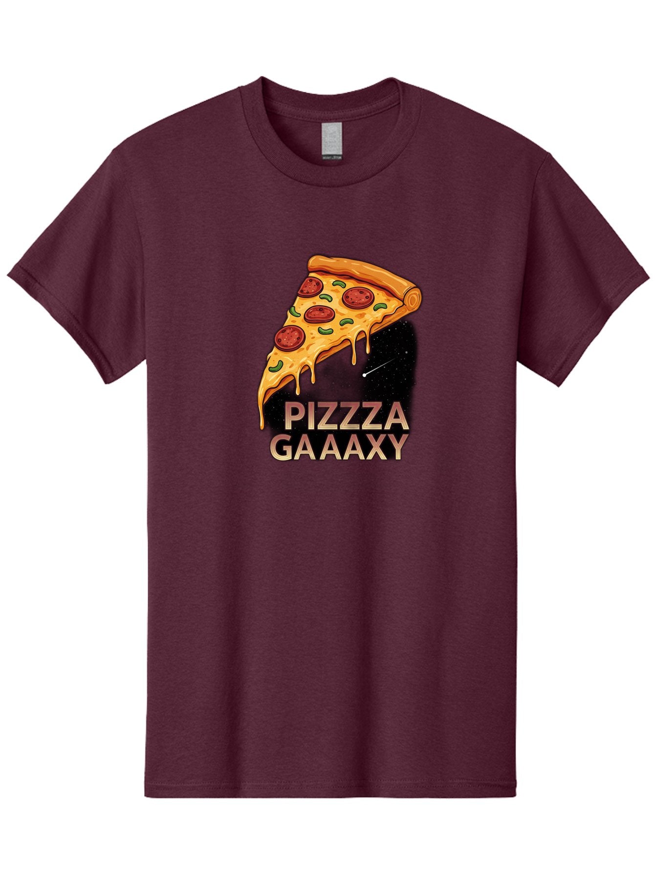 Pizzza-Gaaaxy Men'S Graphic Tee, 100% Cotton, Comfortable Casual Summer Wear, Machine Washable, Pizza Slice In Space, Melted Cheese, Pepperoni Toppings, Green Olives, Outer Space, Galaxy Theme, Cartoon Illustration, Cheese Dripping, Food Art, Bac321 3