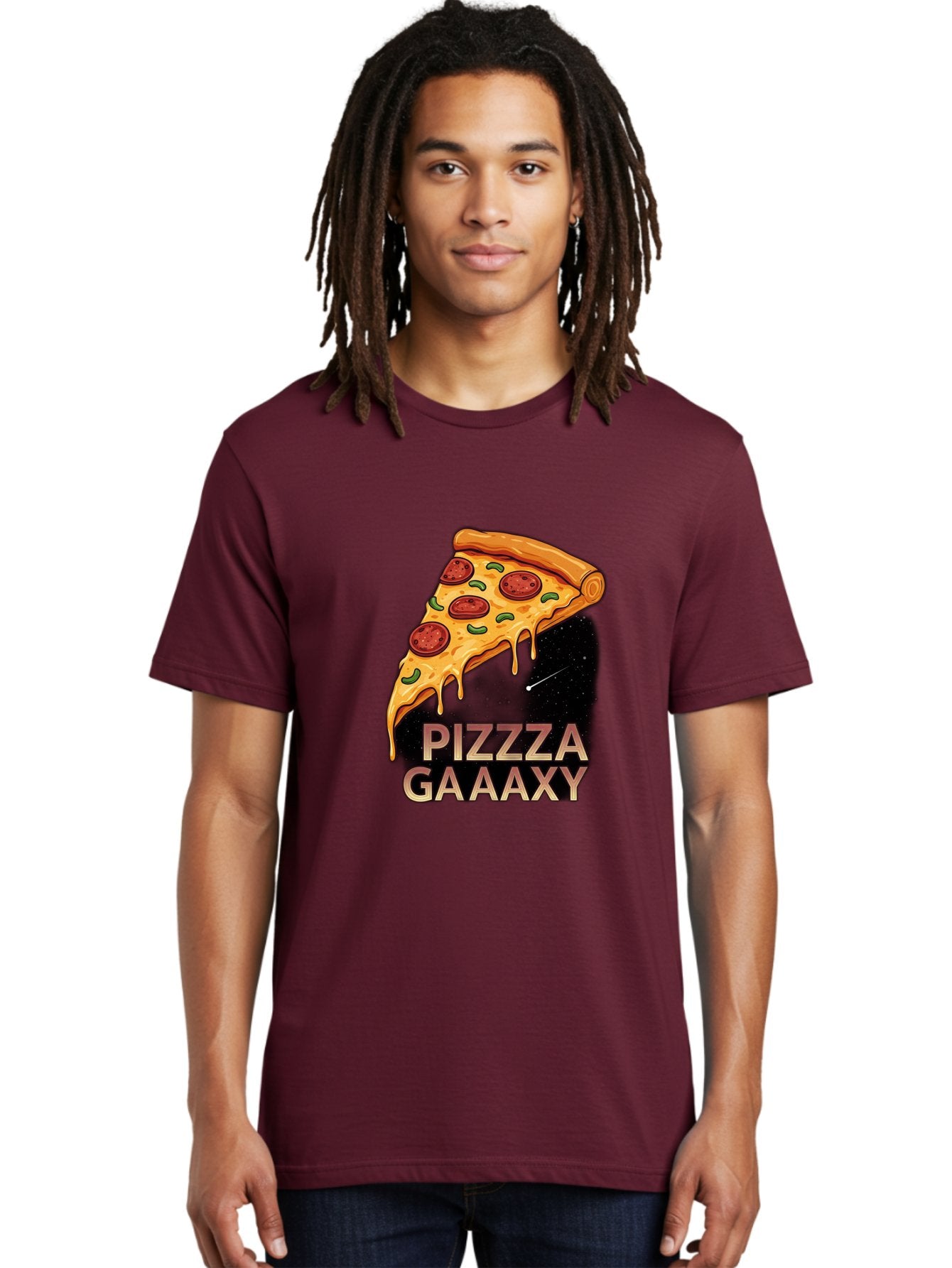 Pizzza-Gaaaxy Men'S Graphic Tee, 100% Cotton, Comfortable Casual Summer Wear, Machine Washable, Pizza Slice In Space, Melted Cheese, Pepperoni Toppings, Green Olives, Outer Space, Galaxy Theme, Cartoon Illustration, Cheese Dripping, Food Art, Bac321 22