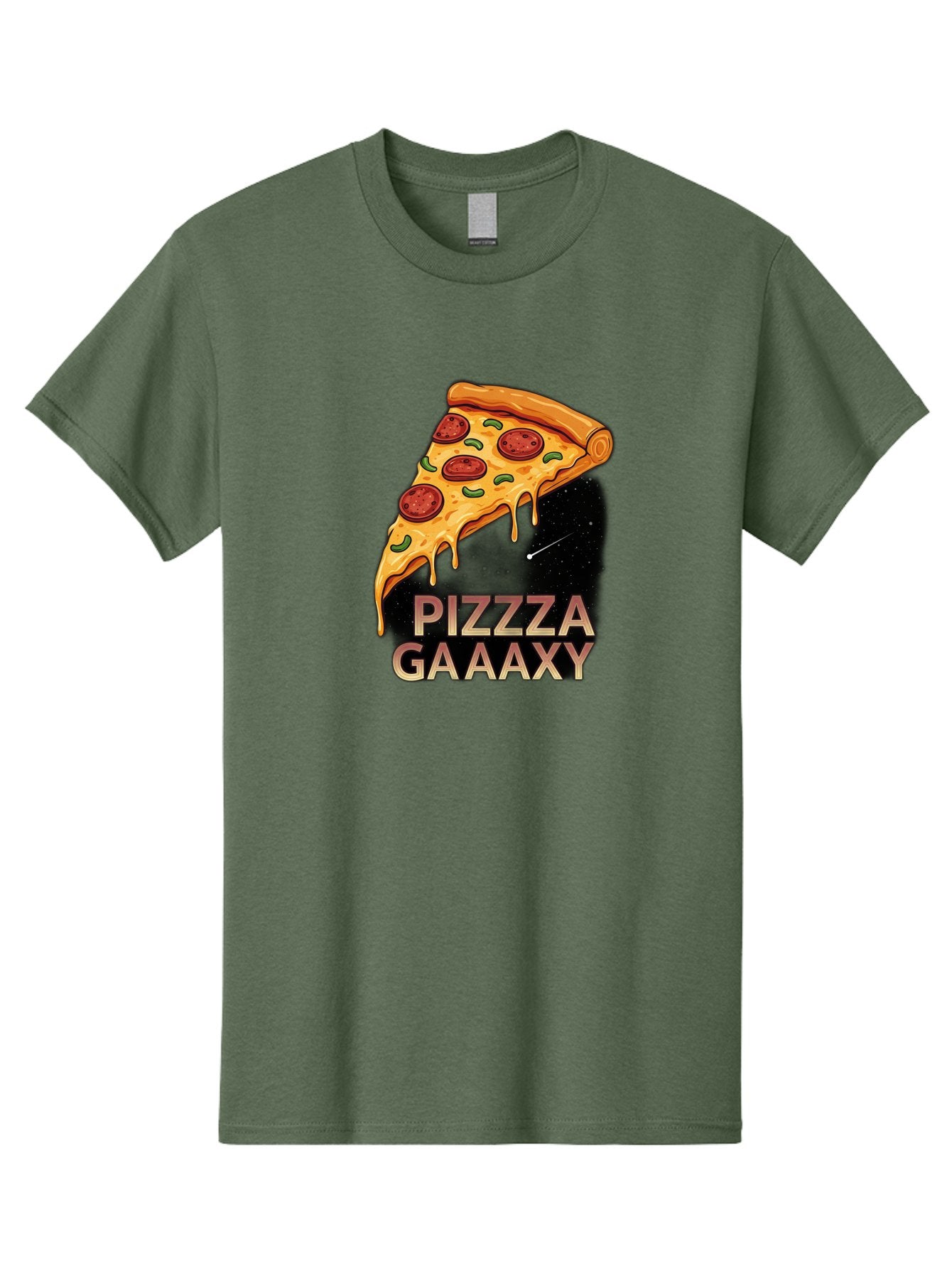 Pizzza-Gaaaxy Men'S Graphic Tee, 100% Cotton, Comfortable Casual Summer Wear, Machine Washable, Pizza Slice In Space, Melted Cheese, Pepperoni Toppings, Green Olives, Outer Space, Galaxy Theme, Cartoon Illustration, Cheese Dripping, Food Art, Bac321 10