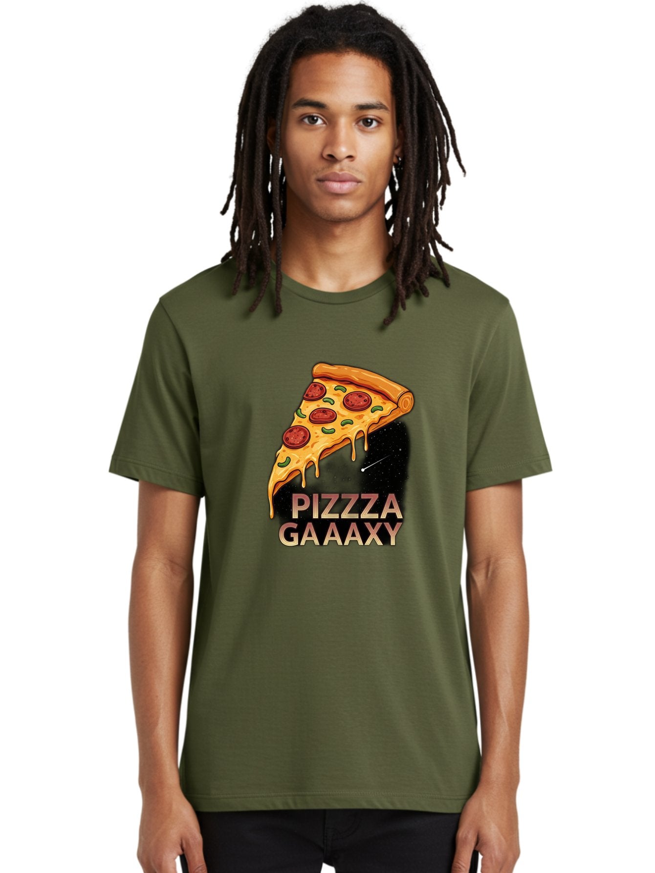 Pizzza-Gaaaxy Men'S Graphic Tee, 100% Cotton, Comfortable Casual Summer Wear, Machine Washable, Pizza Slice In Space, Melted Cheese, Pepperoni Toppings, Green Olives, Outer Space, Galaxy Theme, Cartoon Illustration, Cheese Dripping, Food Art, Bac321 17