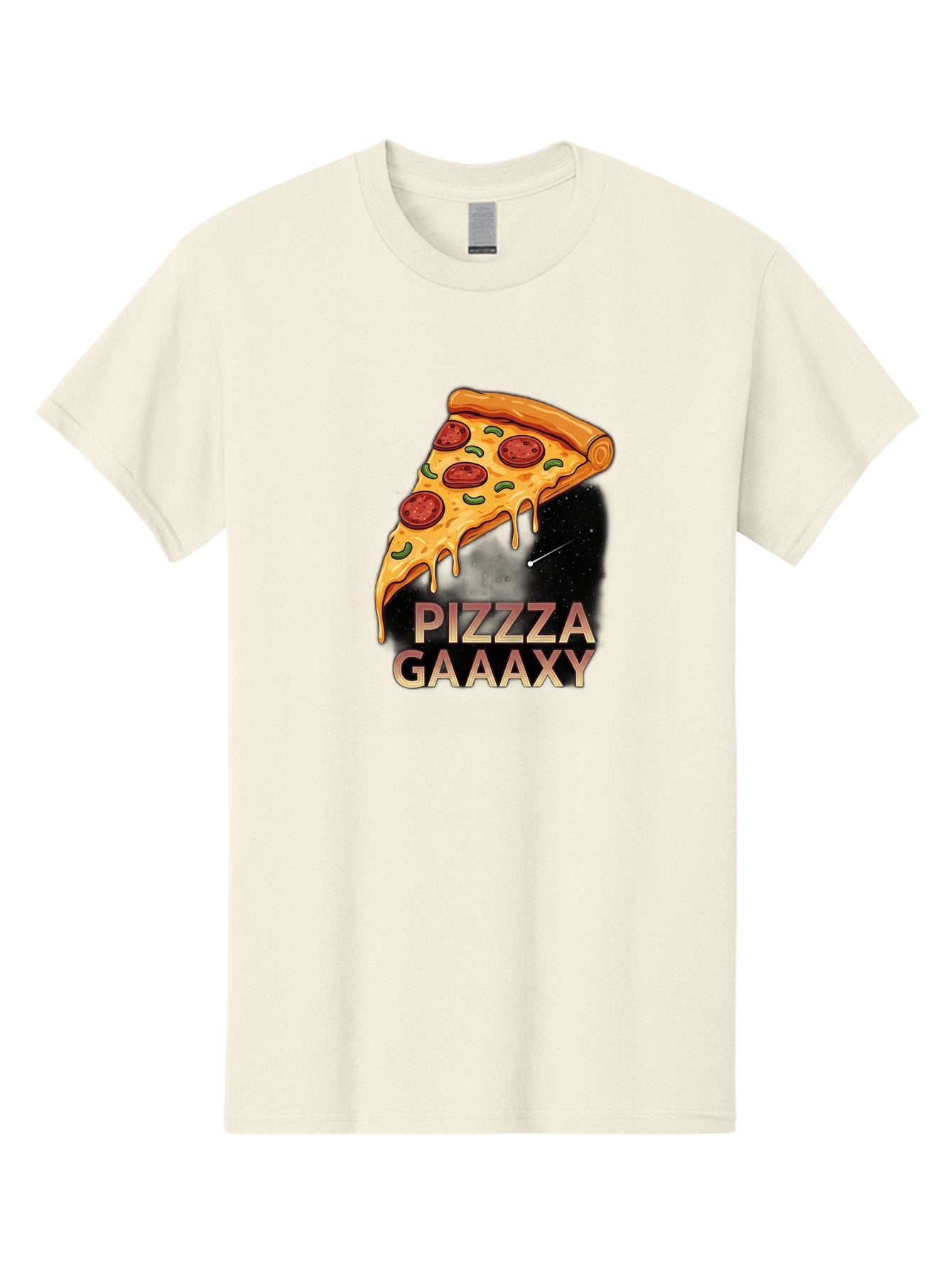 Pizzza-Gaaaxy Men'S Graphic Tee, 100% Cotton, Comfortable Casual Summer Wear, Machine Washable, Pizza Slice In Space, Melted Cheese, Pepperoni Toppings, Green Olives, Outer Space, Galaxy Theme, Cartoon Illustration, Cheese Dripping, Food Art, Bac321