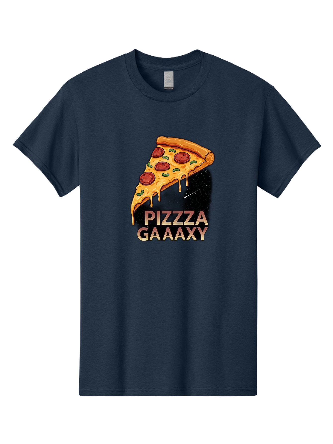 Pizzza-Gaaaxy Men'S Graphic Tee, 100% Cotton, Comfortable Casual Summer Wear, Machine Washable, Pizza Slice In Space, Melted Cheese, Pepperoni Toppings, Green Olives, Outer Space, Galaxy Theme, Cartoon Illustration, Cheese Dripping, Food Art, Bac321 13