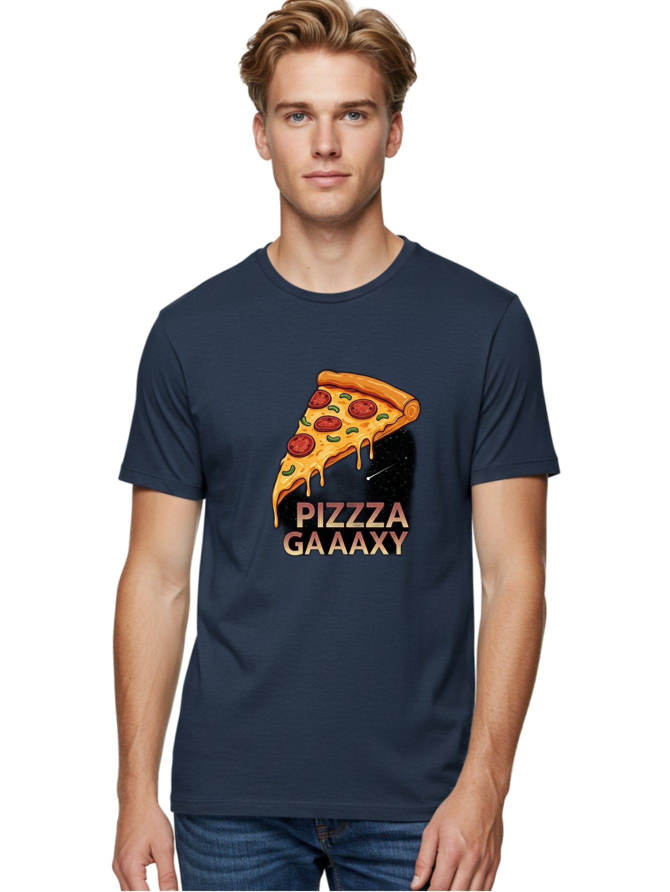 Pizzza-Gaaaxy Men'S Graphic Tee, 100% Cotton, Comfortable Casual Summer Wear, Machine Washable, Pizza Slice In Space, Melted Cheese, Pepperoni Toppings, Green Olives, Outer Space, Galaxy Theme, Cartoon Illustration, Cheese Dripping, Food Art, Bac321 20
