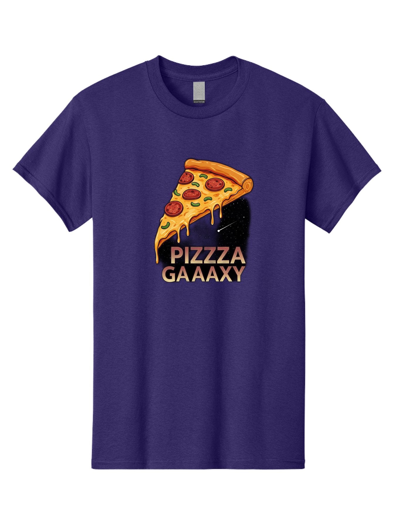 Pizzza-Gaaaxy Men'S Graphic Tee, 100% Cotton, Comfortable Casual Summer Wear, Machine Washable, Pizza Slice In Space, Melted Cheese, Pepperoni Toppings, Green Olives, Outer Space, Galaxy Theme, Cartoon Illustration, Cheese Dripping, Food Art, Bac321