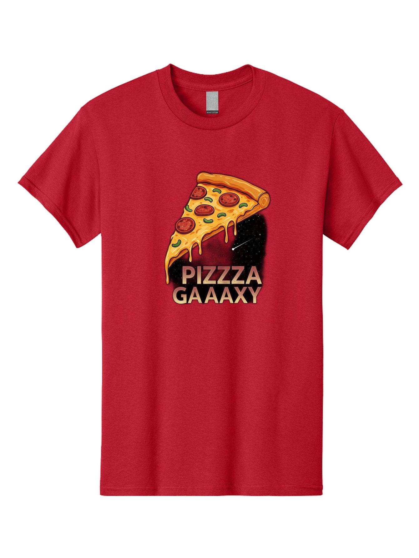Pizzza-Gaaaxy Men'S Graphic Tee, 100% Cotton, Comfortable Casual Summer Wear, Machine Washable, Pizza Slice In Space, Melted Cheese, Pepperoni Toppings, Green Olives, Outer Space, Galaxy Theme, Cartoon Illustration, Cheese Dripping, Food Art, Bac321 11