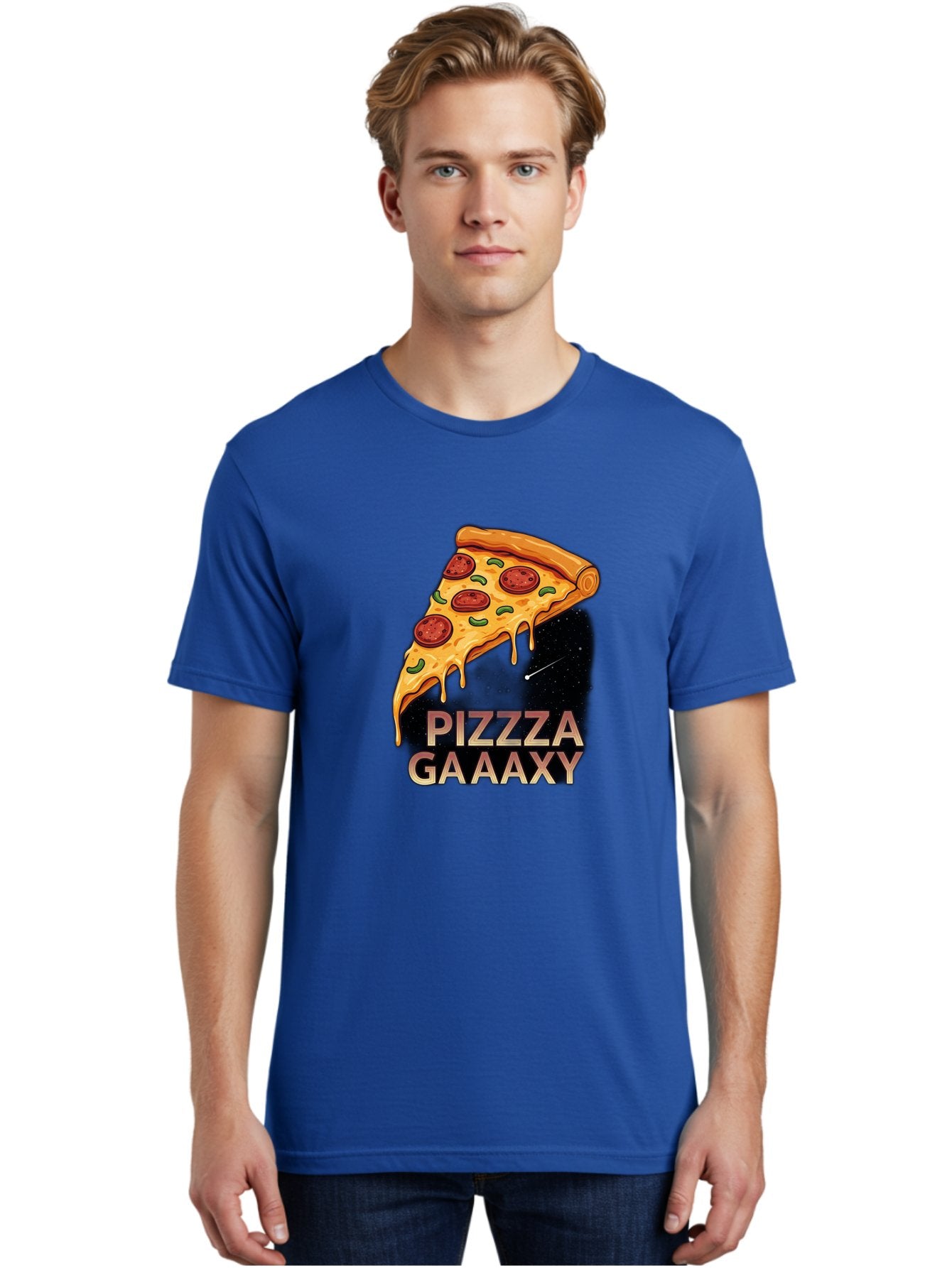 Pizzza-Gaaaxy Men'S Graphic Tee, 100% Cotton, Comfortable Casual Summer Wear, Machine Washable, Pizza Slice In Space, Melted Cheese, Pepperoni Toppings, Green Olives, Outer Space, Galaxy Theme, Cartoon Illustration, Cheese Dripping, Food Art, Bac321 30