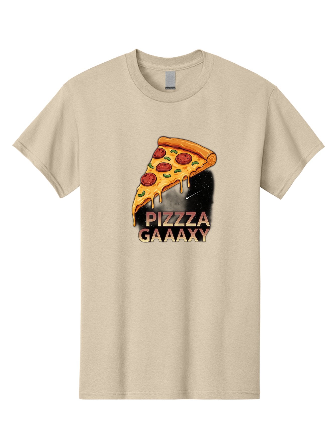 Pizzza-Gaaaxy Men'S Graphic Tee, 100% Cotton, Comfortable Casual Summer Wear, Machine Washable, Pizza Slice In Space, Melted Cheese, Pepperoni Toppings, Green Olives, Outer Space, Galaxy Theme, Cartoon Illustration, Cheese Dripping, Food Art, Bac321 4