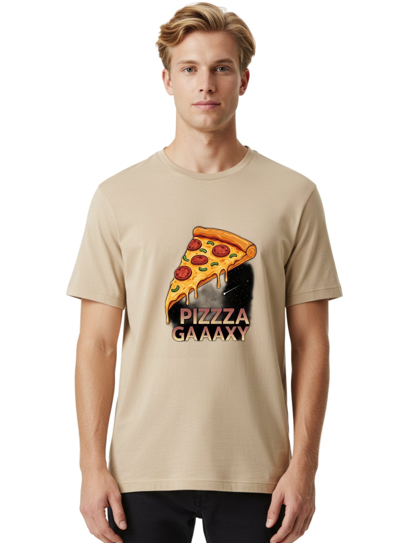Pizzza-Gaaaxy Men'S Graphic Tee, 100% Cotton, Comfortable Casual Summer Wear, Machine Washable, Pizza Slice In Space, Melted Cheese, Pepperoni Toppings, Green Olives, Outer Space, Galaxy Theme, Cartoon Illustration, Cheese Dripping, Food Art, Bac321 18