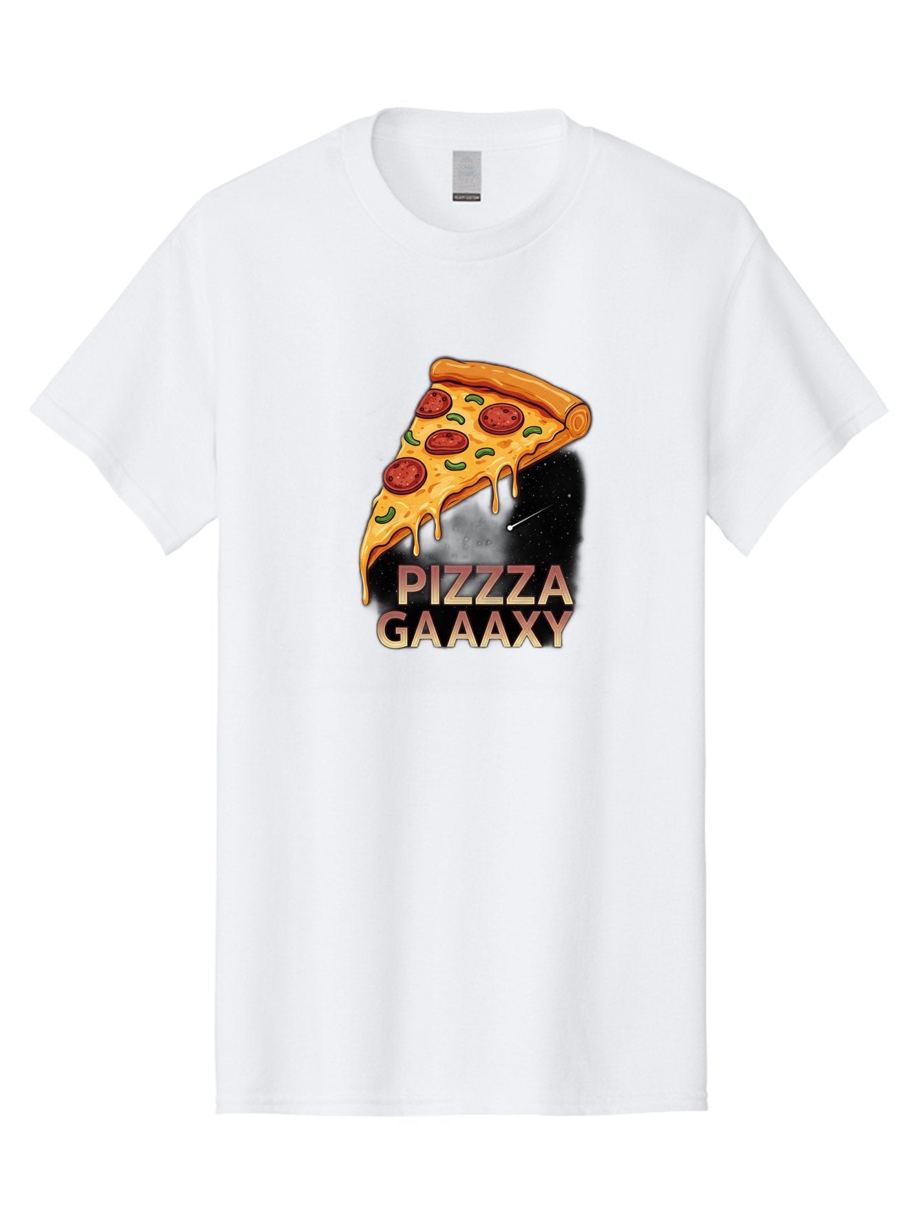 Pizzza-Gaaaxy Men'S Graphic Tee, 100% Cotton, Comfortable Casual Summer Wear, Machine Washable, Pizza Slice In Space, Melted Cheese, Pepperoni Toppings, Green Olives, Outer Space, Galaxy Theme, Cartoon Illustration, Cheese Dripping, Food Art, Bac321 8