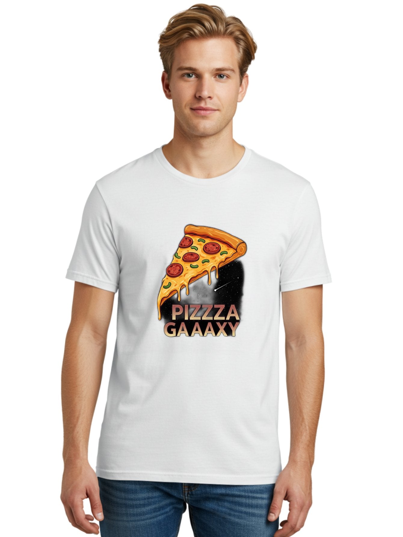 Pizzza-Gaaaxy Men'S Graphic Tee, 100% Cotton, Comfortable Casual Summer Wear, Machine Washable, Pizza Slice In Space, Melted Cheese, Pepperoni Toppings, Green Olives, Outer Space, Galaxy Theme, Cartoon Illustration, Cheese Dripping, Food Art, Bac321 25