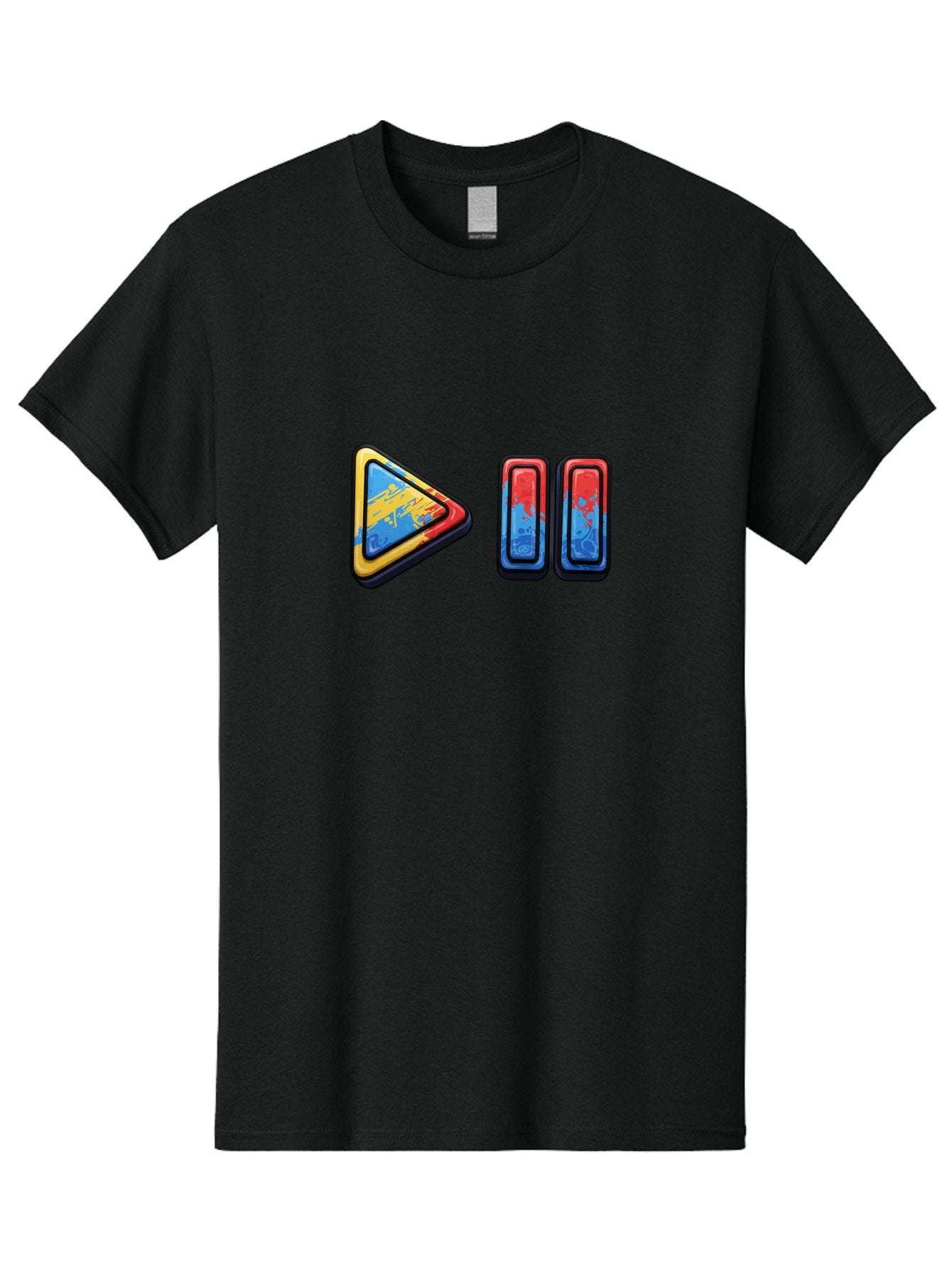 Play-Button-And-Skip-Buttons Men'S Graphic Tee, 100% Cotton, Comfortable Casual Summer Wear, Machine Washable, Play Button, Media Controls, Video Player, Glitch Art, Distorted Graphics, Abstract Shapes, Vibrant Colors, Button Icons, Bac324