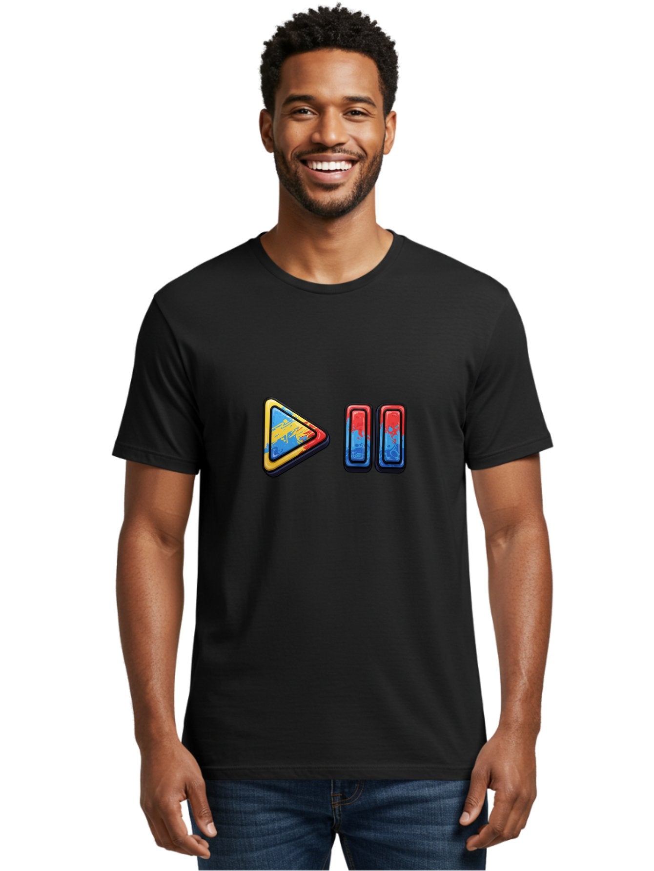 Play-Button-And-Skip-Buttons Men'S Graphic Tee, 100% Cotton, Comfortable Casual Summer Wear, Machine Washable, Play Button, Media Controls, Video Player, Glitch Art, Distorted Graphics, Abstract Shapes, Vibrant Colors, Button Icons, Bac324 19