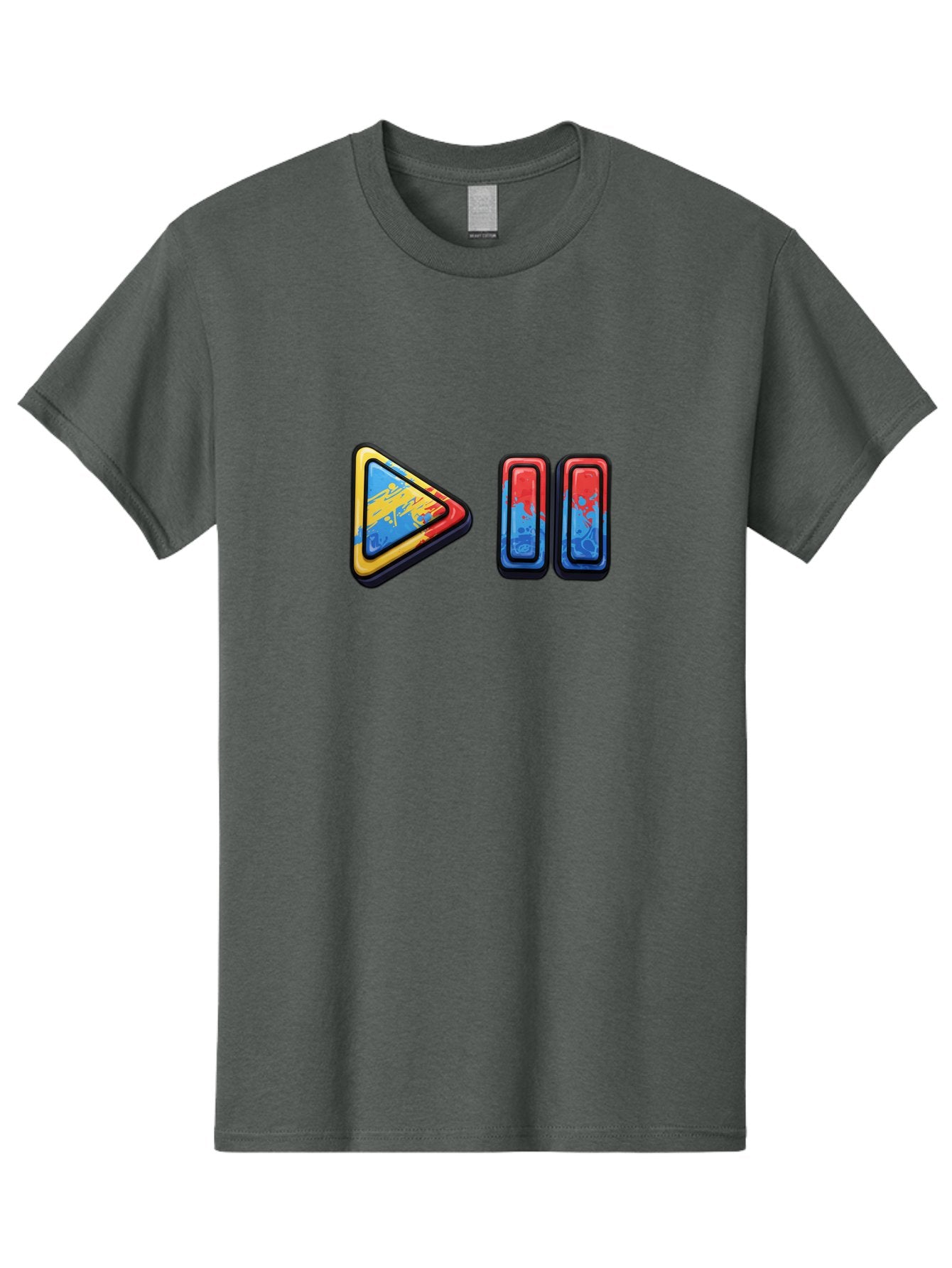 Play-Button-And-Skip-Buttons Men'S Graphic Tee, 100% Cotton, Comfortable Casual Summer Wear, Machine Washable, Play Button, Media Controls, Video Player, Glitch Art, Distorted Graphics, Abstract Shapes, Vibrant Colors, Button Icons, Bac324