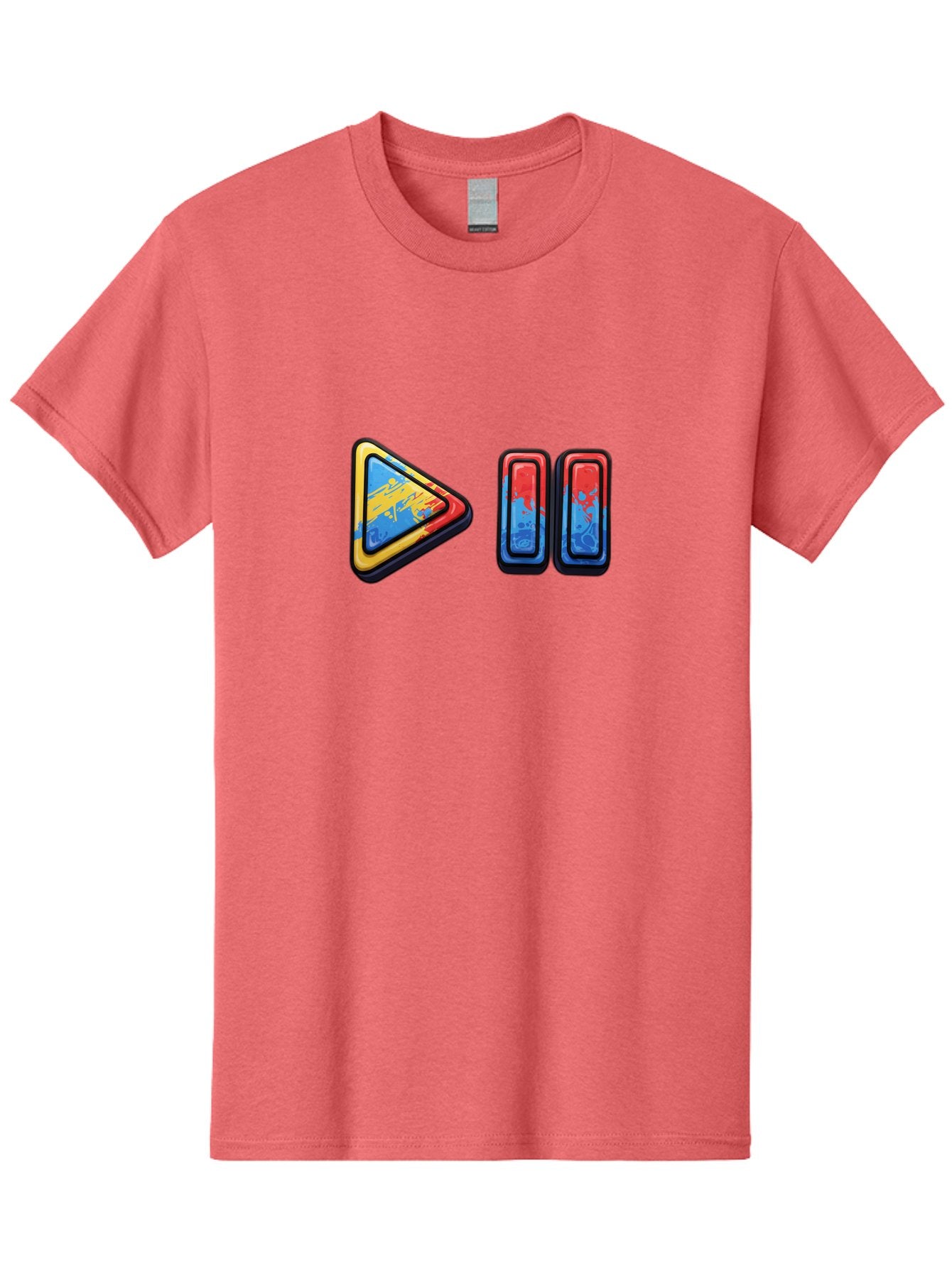 Play-Button-And-Skip-Buttons Men'S Graphic Tee, 100% Cotton, Comfortable Casual Summer Wear, Machine Washable, Play Button, Media Controls, Video Player, Glitch Art, Distorted Graphics, Abstract Shapes, Vibrant Colors, Button Icons, Bac324 3
