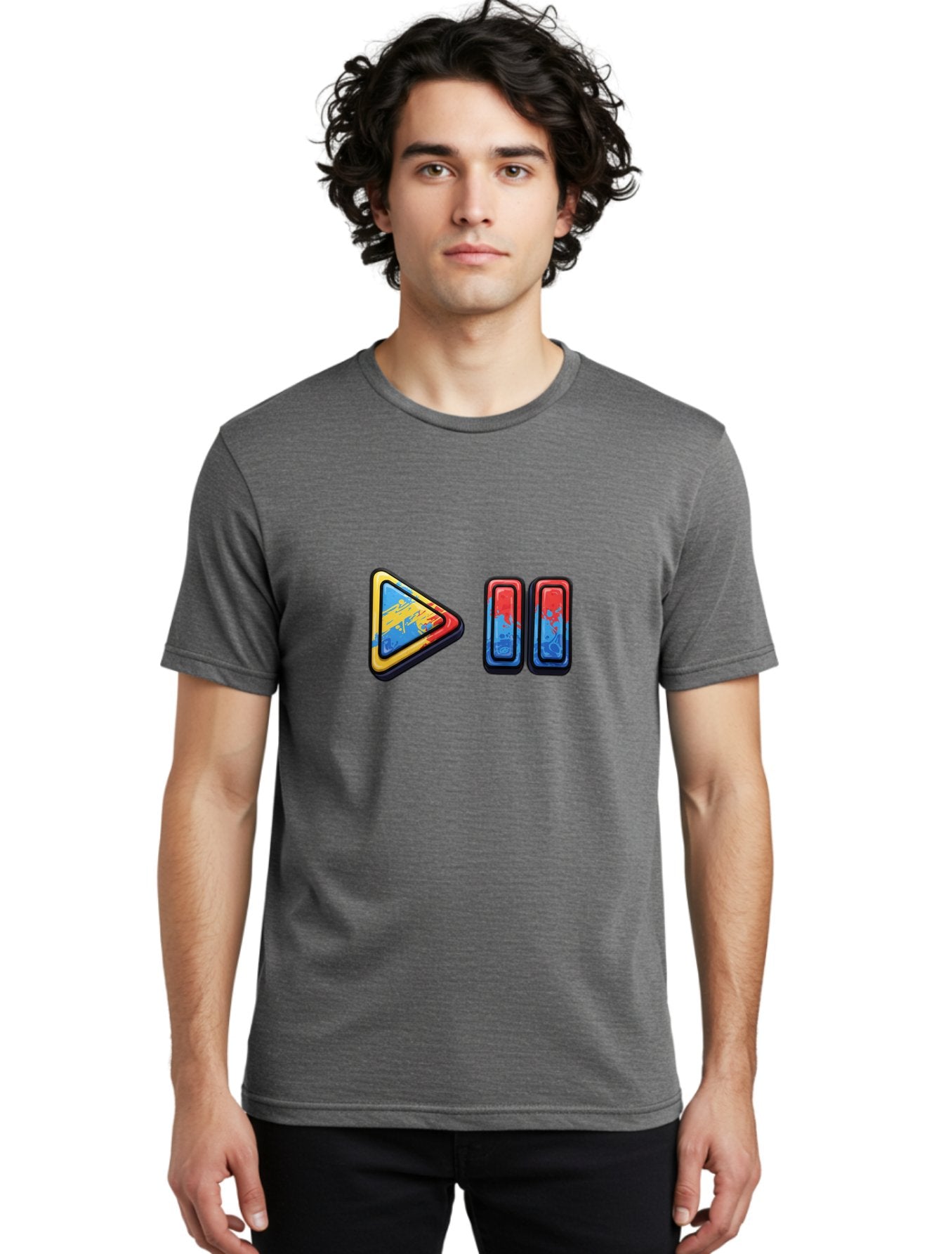 Play-Button-And-Skip-Buttons Men'S Graphic Tee, 100% Cotton, Comfortable Casual Summer Wear, Machine Washable, Play Button, Media Controls, Video Player, Glitch Art, Distorted Graphics, Abstract Shapes, Vibrant Colors, Button Icons, Bac324 26