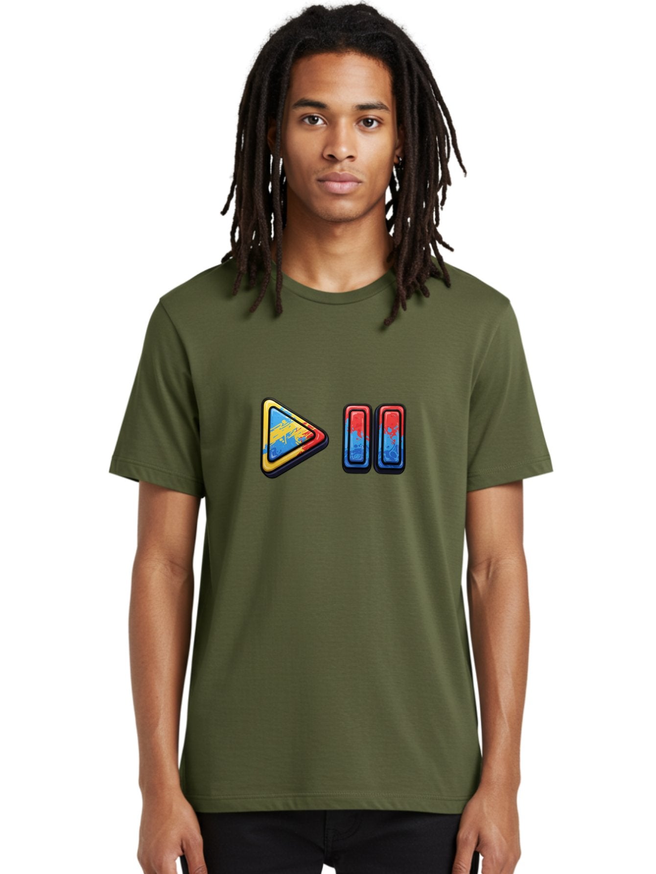 Play-Button-And-Skip-Buttons Men'S Graphic Tee, 100% Cotton, Comfortable Casual Summer Wear, Machine Washable, Play Button, Media Controls, Video Player, Glitch Art, Distorted Graphics, Abstract Shapes, Vibrant Colors, Button Icons, Bac324 30