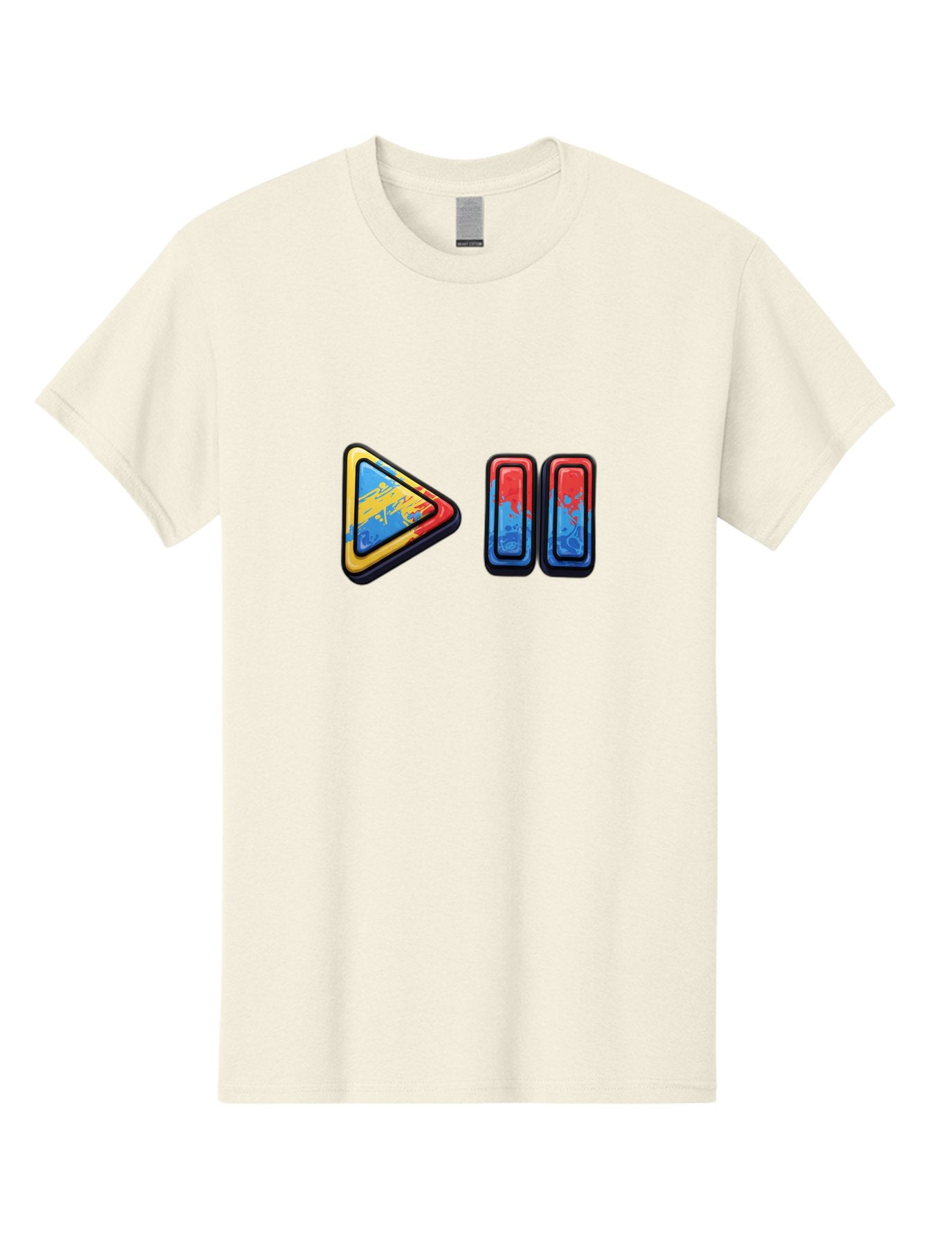 Play-Button-And-Skip-Buttons Men'S Graphic Tee, 100% Cotton, Comfortable Casual Summer Wear, Machine Washable, Play Button, Media Controls, Video Player, Glitch Art, Distorted Graphics, Abstract Shapes, Vibrant Colors, Button Icons, Bac324 7
