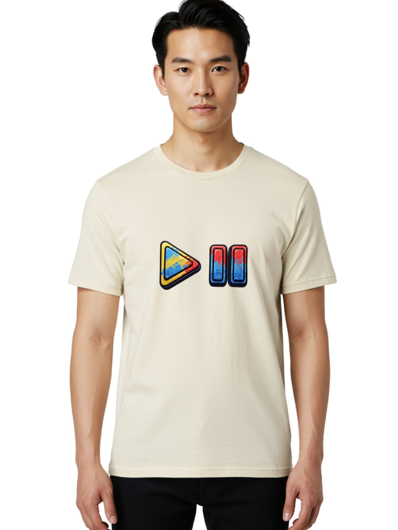 Play-Button-And-Skip-Buttons Men'S Graphic Tee, 100% Cotton, Comfortable Casual Summer Wear, Machine Washable, Play Button, Media Controls, Video Player, Glitch Art, Distorted Graphics, Abstract Shapes, Vibrant Colors, Button Icons, Bac324 16