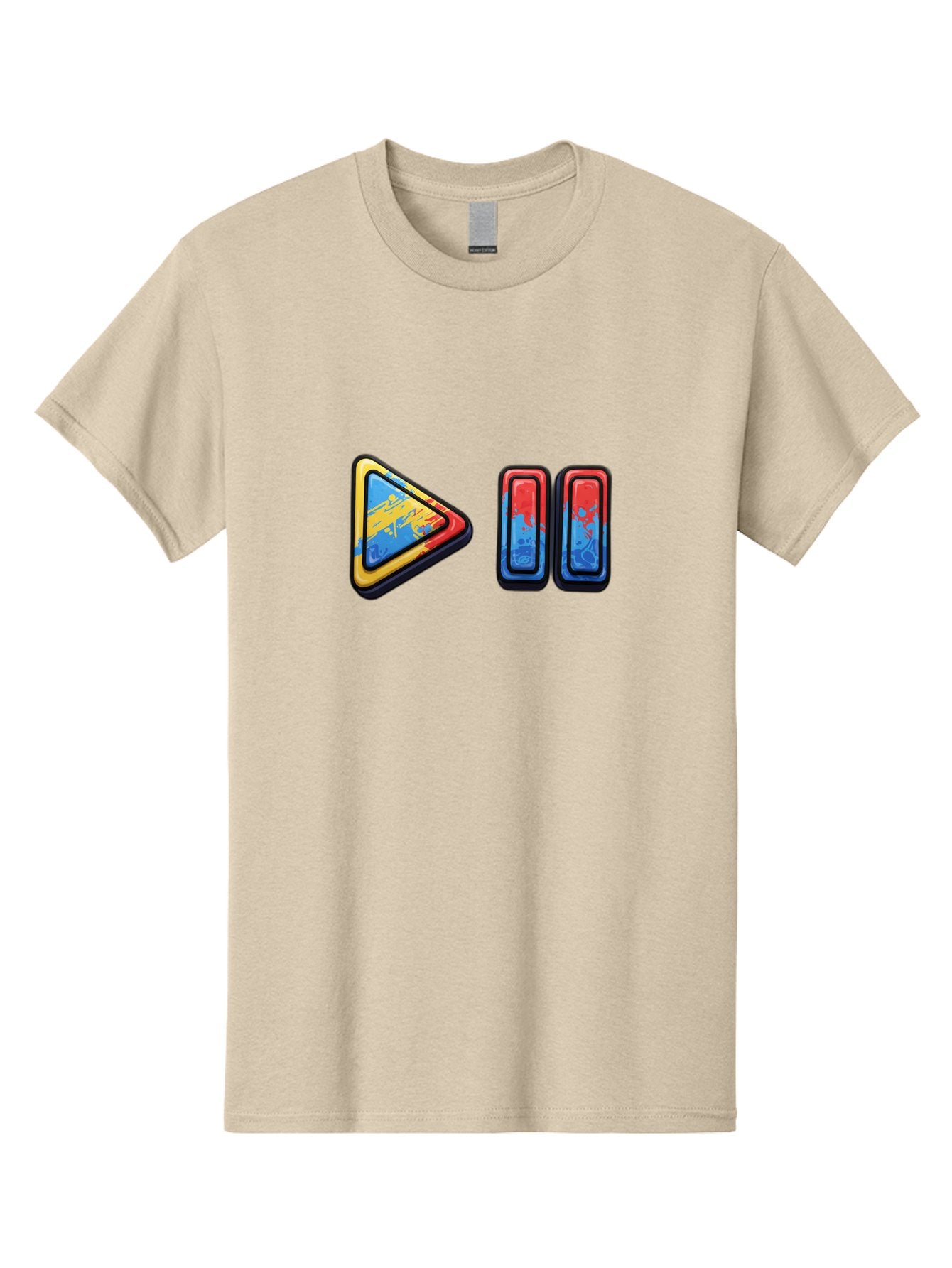 Play-Button-And-Skip-Buttons Men'S Graphic Tee, 100% Cotton, Comfortable Casual Summer Wear, Machine Washable, Play Button, Media Controls, Video Player, Glitch Art, Distorted Graphics, Abstract Shapes, Vibrant Colors, Button Icons, Bac324 13