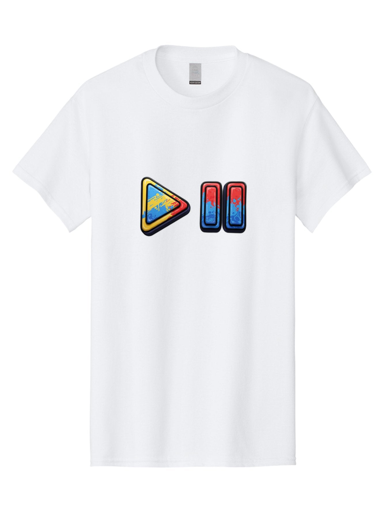 Play-Button-And-Skip-Buttons Men'S Graphic Tee, 100% Cotton, Comfortable Casual Summer Wear, Machine Washable, Play Button, Media Controls, Video Player, Glitch Art, Distorted Graphics, Abstract Shapes, Vibrant Colors, Button Icons, Bac324 11