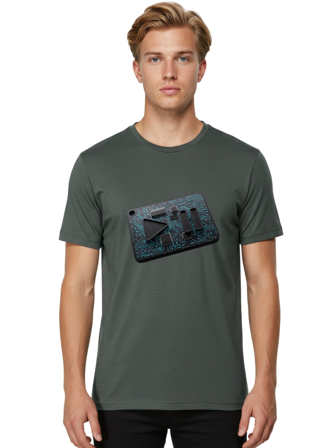 Play-Button-Circuit-Card Men'S Graphic Tee, 100% Cotton, Comfortable Casual Summer Wear, Machine Washable, Media Controls, Play Button, Circuit Board, Electronic Device, Futuristic Design, Modern Technology, Sleek Interface, User Experience, Bac325 28
