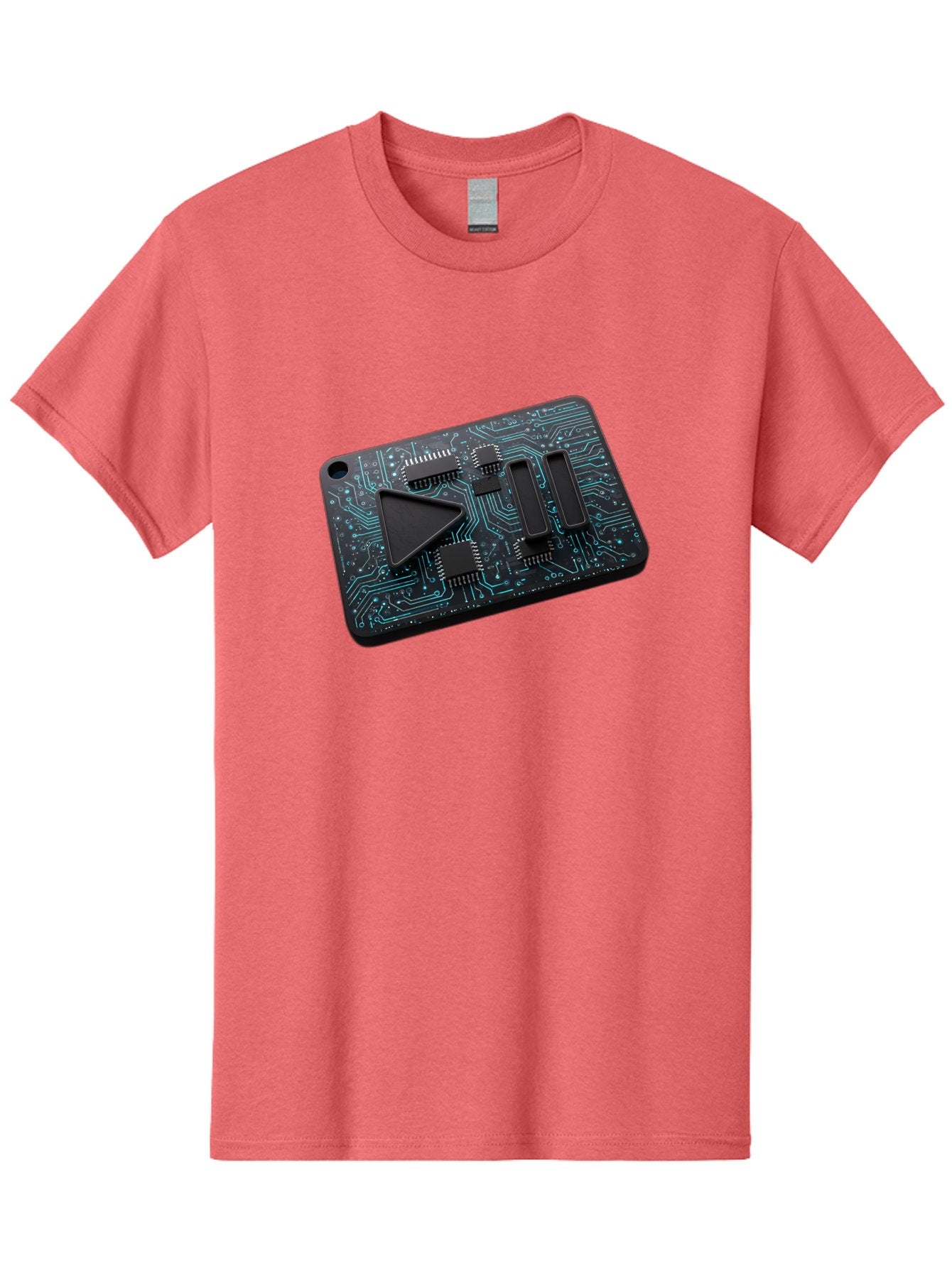 Play-Button-Circuit-Card Men'S Graphic Tee, 100% Cotton, Comfortable Casual Summer Wear, Machine Washable, Media Controls, Play Button, Circuit Board, Electronic Device, Futuristic Design, Modern Technology, Sleek Interface, User Experience, Bac325