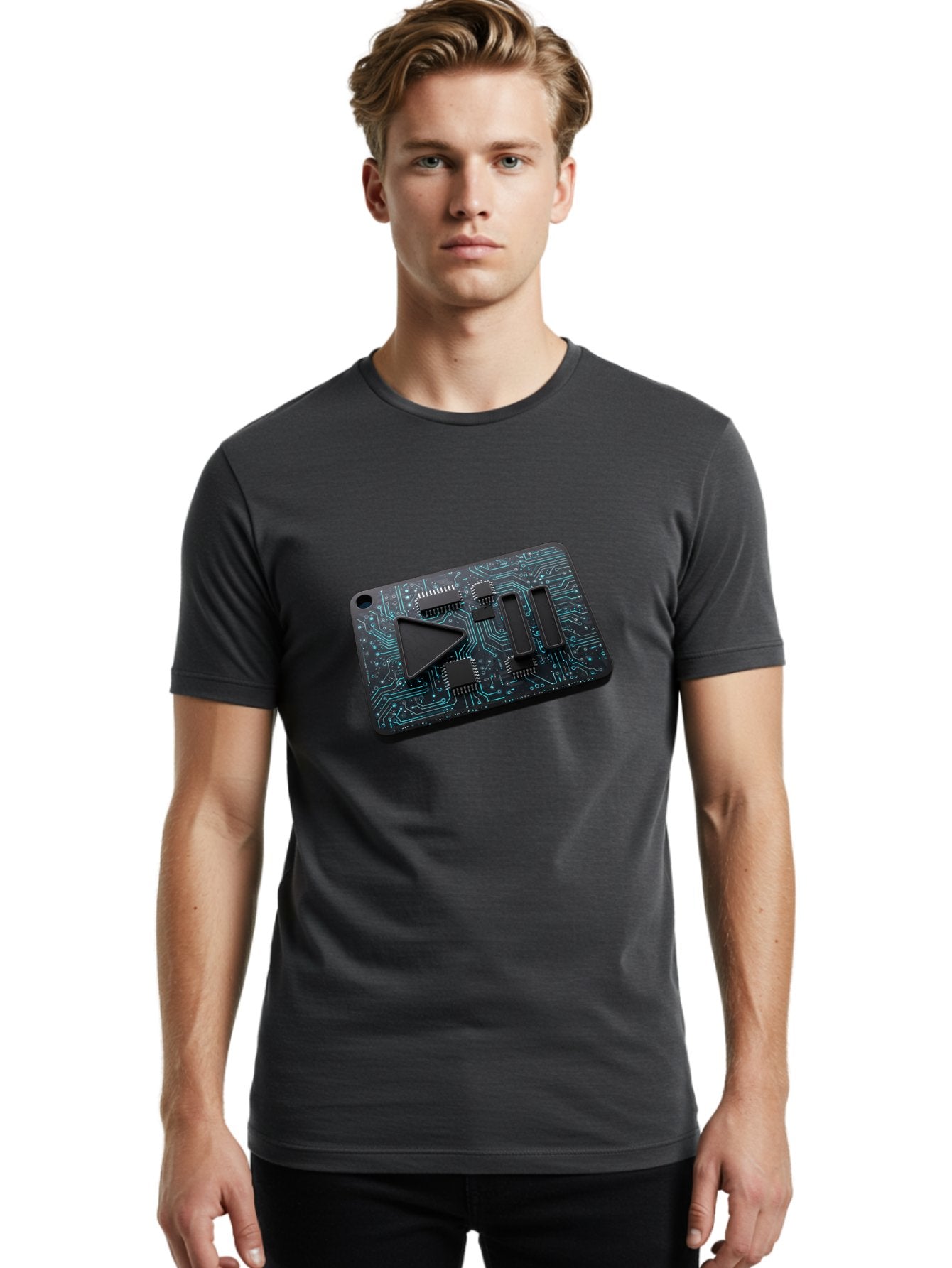 Play-Button-Circuit-Card Men'S Graphic Tee, 100% Cotton, Comfortable Casual Summer Wear, Machine Washable, Media Controls, Play Button, Circuit Board, Electronic Device, Futuristic Design, Modern Technology, Sleek Interface, User Experience, Bac325 22