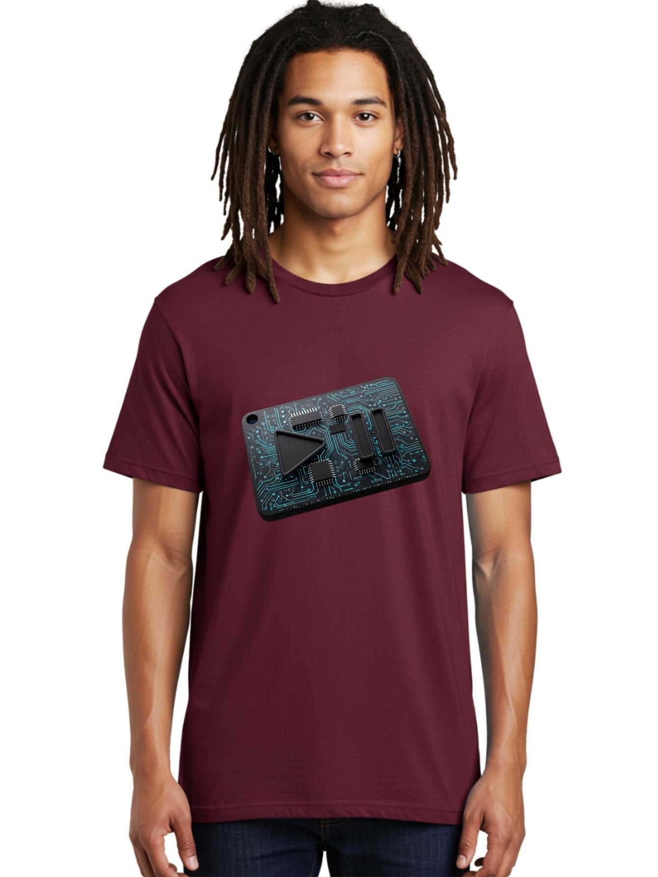 Play-Button-Circuit-Card Men'S Graphic Tee, 100% Cotton, Comfortable Casual Summer Wear, Machine Washable, Media Controls, Play Button, Circuit Board, Electronic Device, Futuristic Design, Modern Technology, Sleek Interface, User Experience, Bac325 17