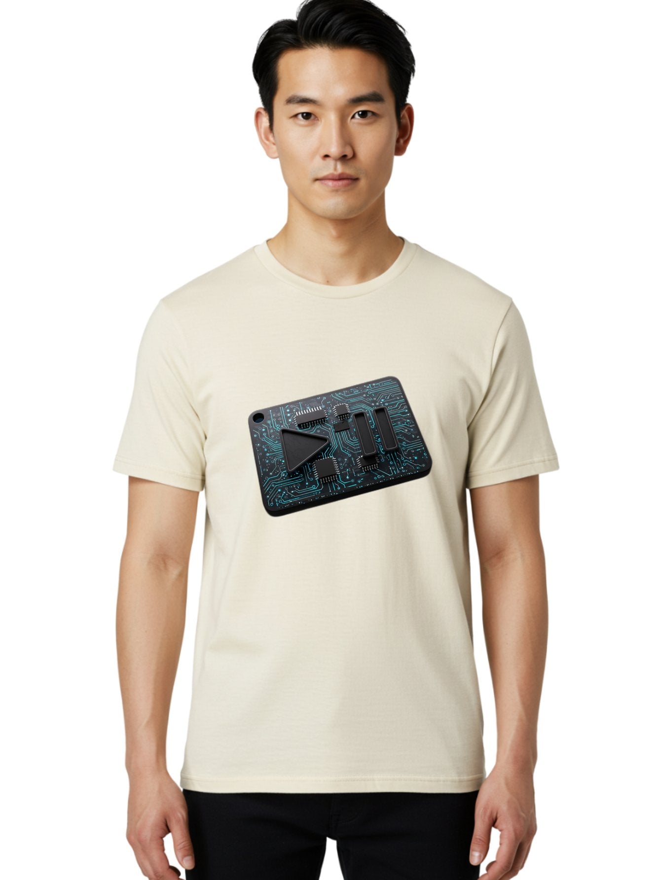 Play-Button-Circuit-Card Men'S Graphic Tee, 100% Cotton, Comfortable Casual Summer Wear, Machine Washable, Media Controls, Play Button, Circuit Board, Electronic Device, Futuristic Design, Modern Technology, Sleek Interface, User Experience, Bac325 21