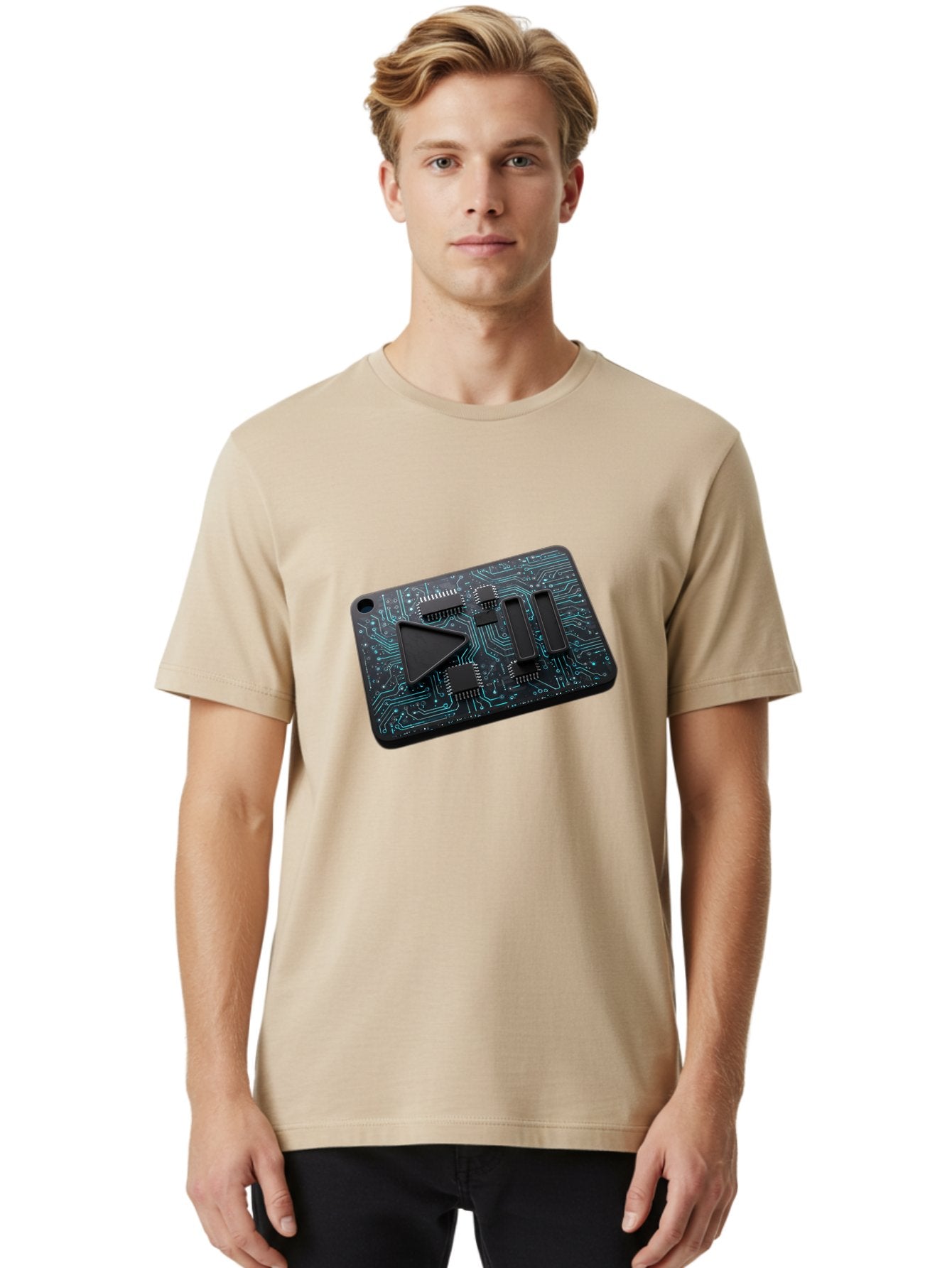 Play-Button-Circuit-Card Men'S Graphic Tee, 100% Cotton, Comfortable Casual Summer Wear, Machine Washable, Media Controls, Play Button, Circuit Board, Electronic Device, Futuristic Design, Modern Technology, Sleek Interface, User Experience, Bac325 23