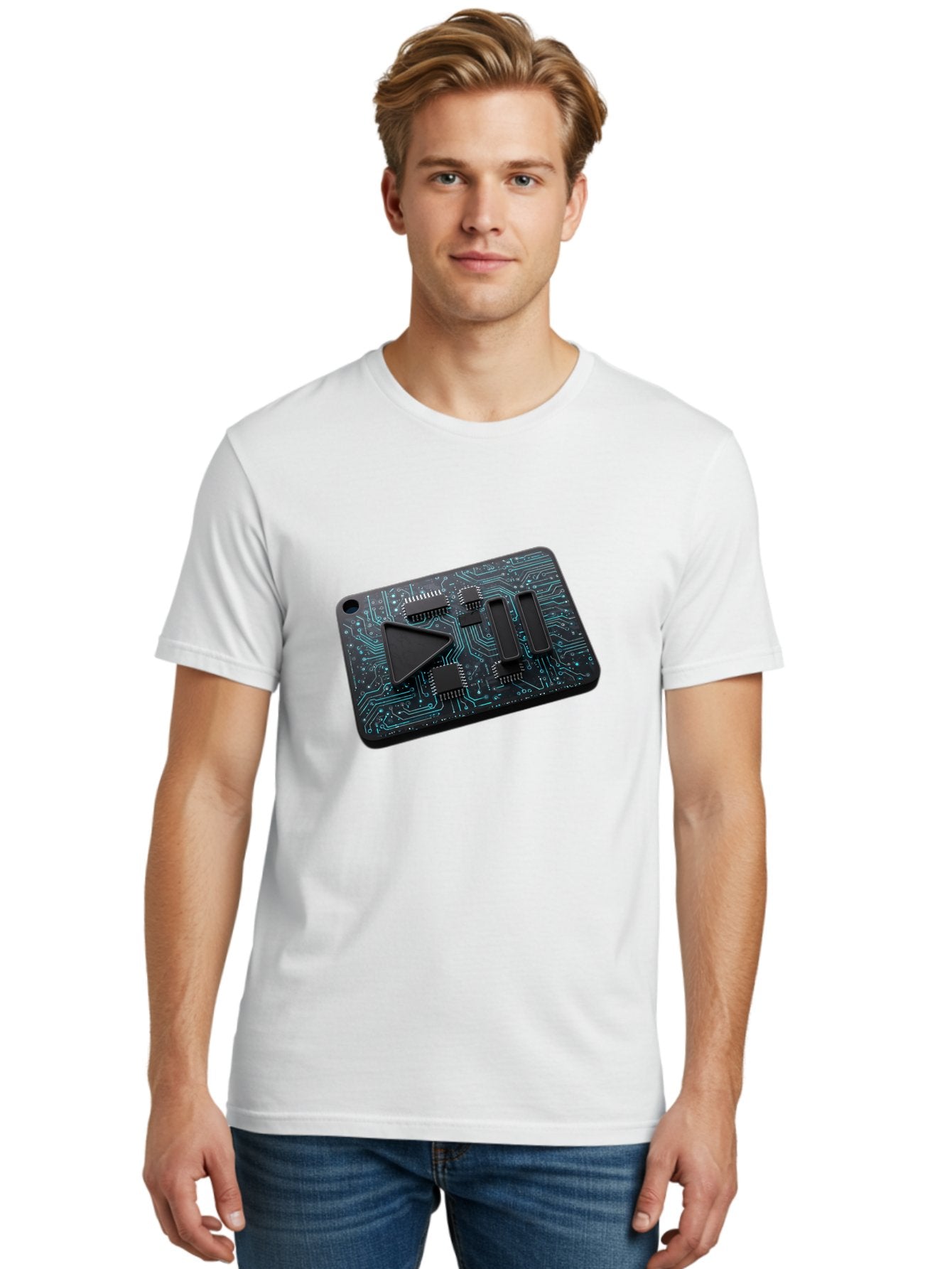 Play-Button-Circuit-Card Men'S Graphic Tee, 100% Cotton, Comfortable Casual Summer Wear, Machine Washable, Media Controls, Play Button, Circuit Board, Electronic Device, Futuristic Design, Modern Technology, Sleek Interface, User Experience, Bac325 20