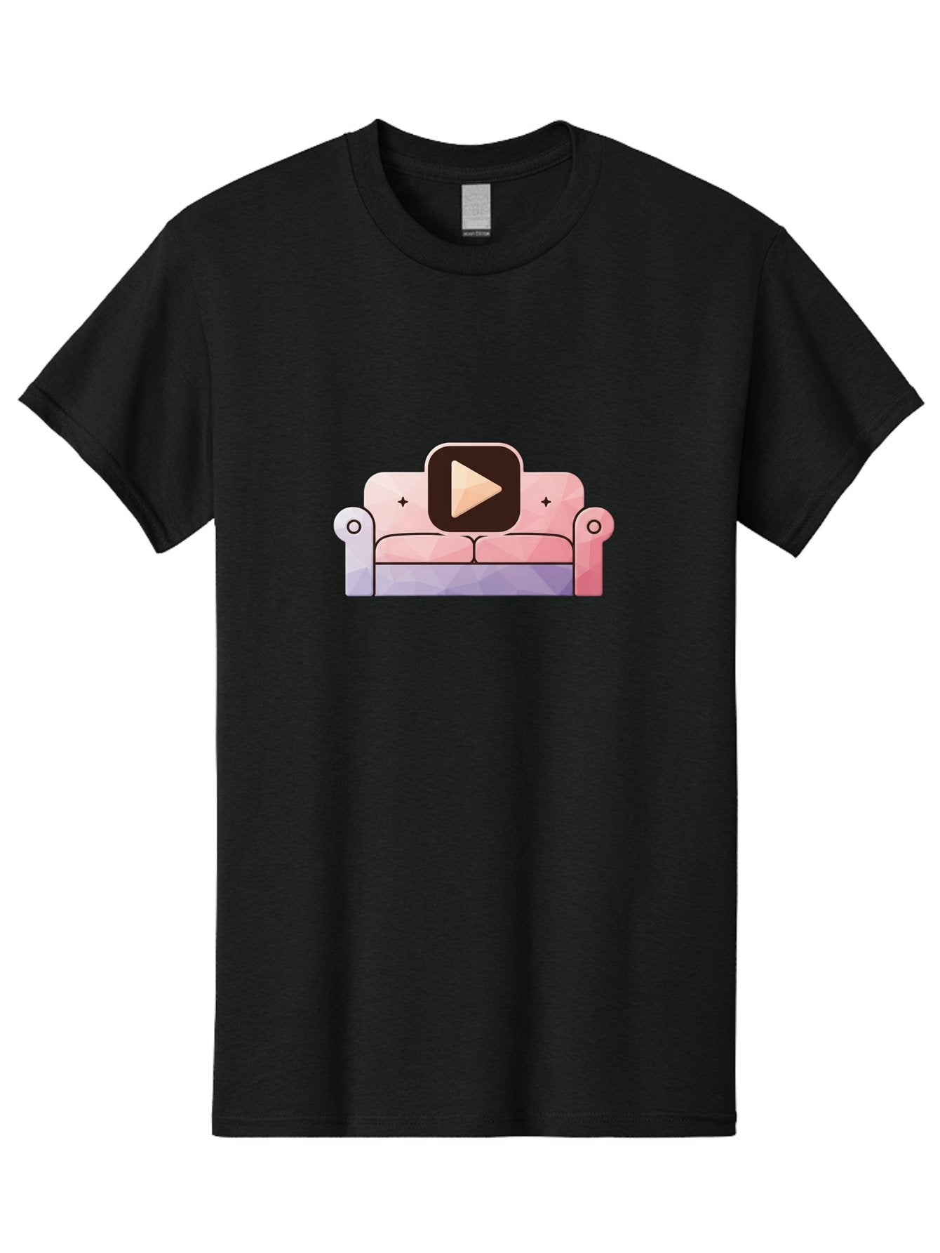 Play-Button-On-Couch Men'S Graphic Tee, 100% Cotton, Comfortable Casual Summer Wear, Machine Washable, Play Button Icon On A Sofa, Cartoon Style, Pink Couch, Purple Accents, Plus Signs, Play Symbol, Digital Illustration Bac327 10